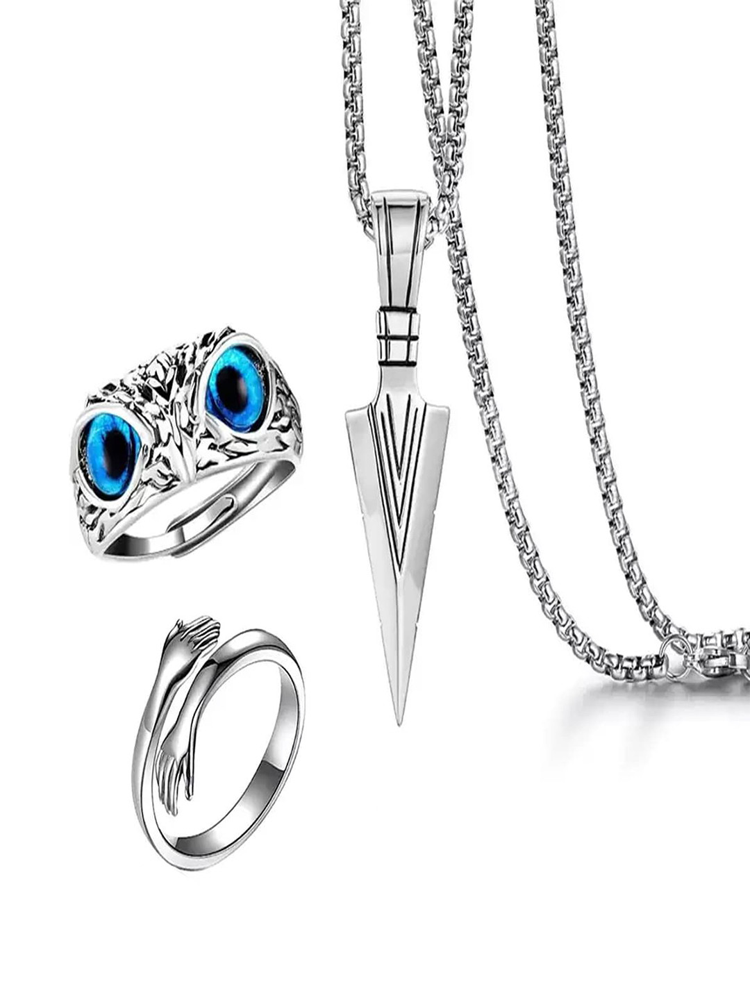 Cyan spritual Men Set Of 3 Arrow Pendant with Designer Rings Set