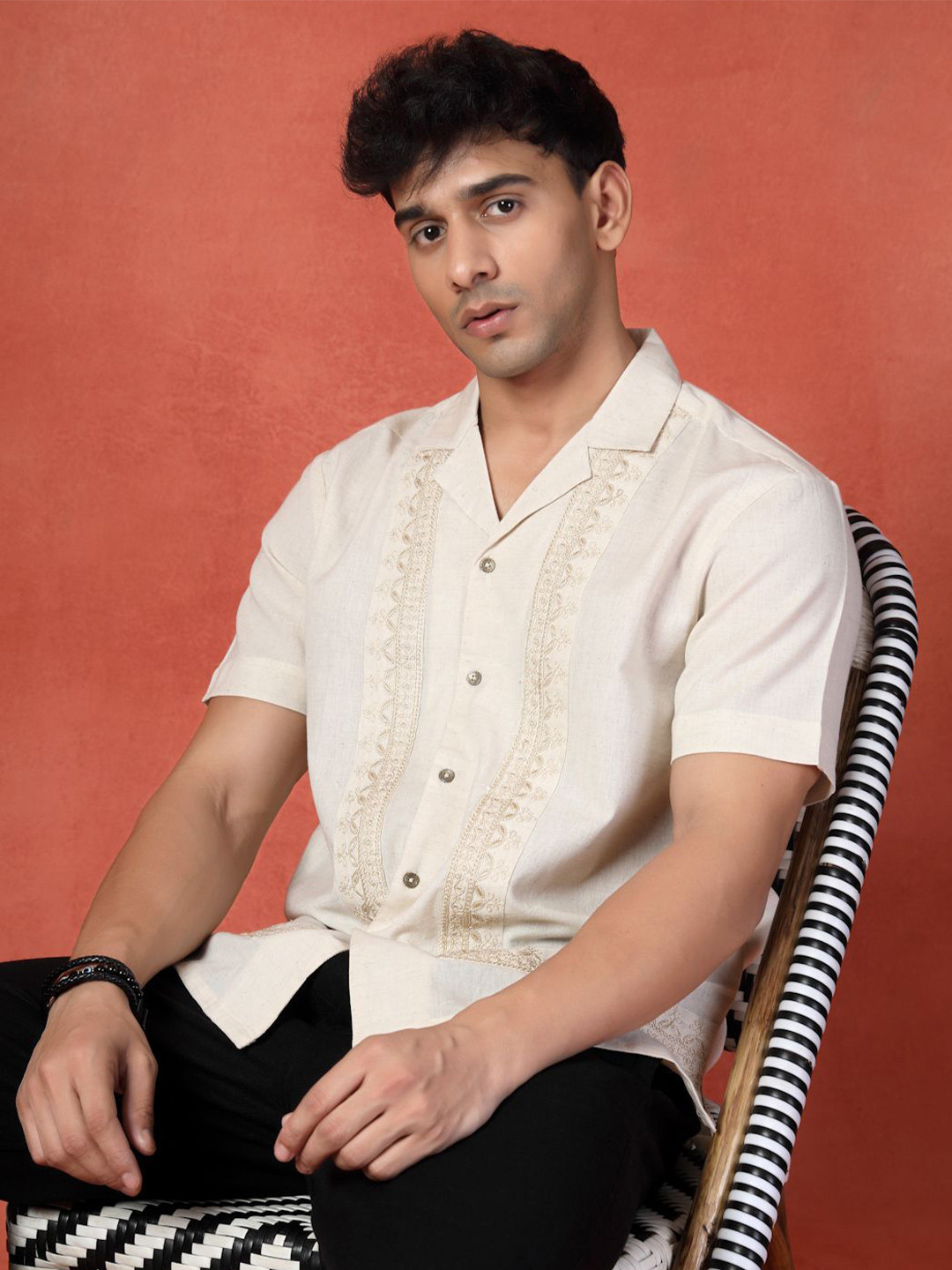 Ramas Classic Fit Floral Embroidered Cuban Collar Cotton Casual Shirt