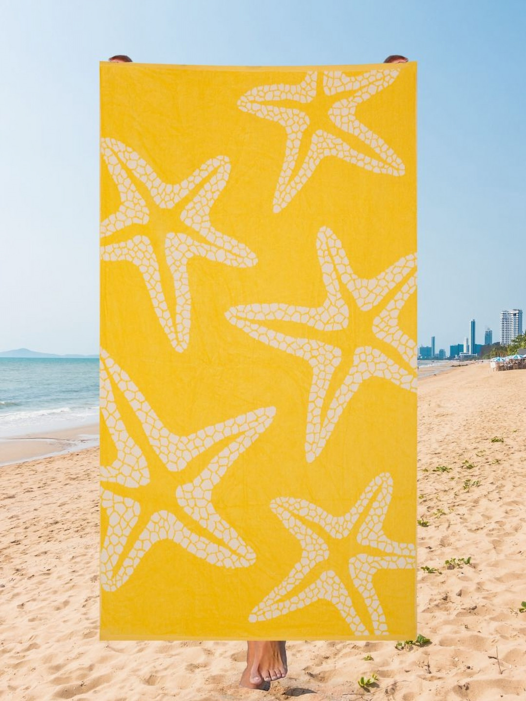 Creeva White & Yellow Starfish Printed 500 GSM Cotton Beach Towel