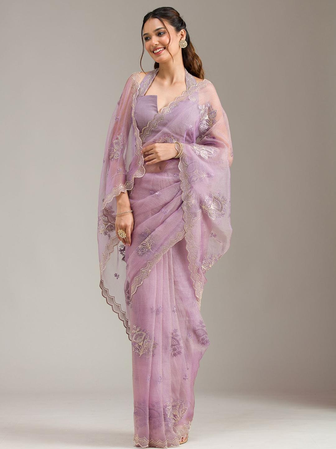 Koskii Lavender Stonework Gold Tissue Saree