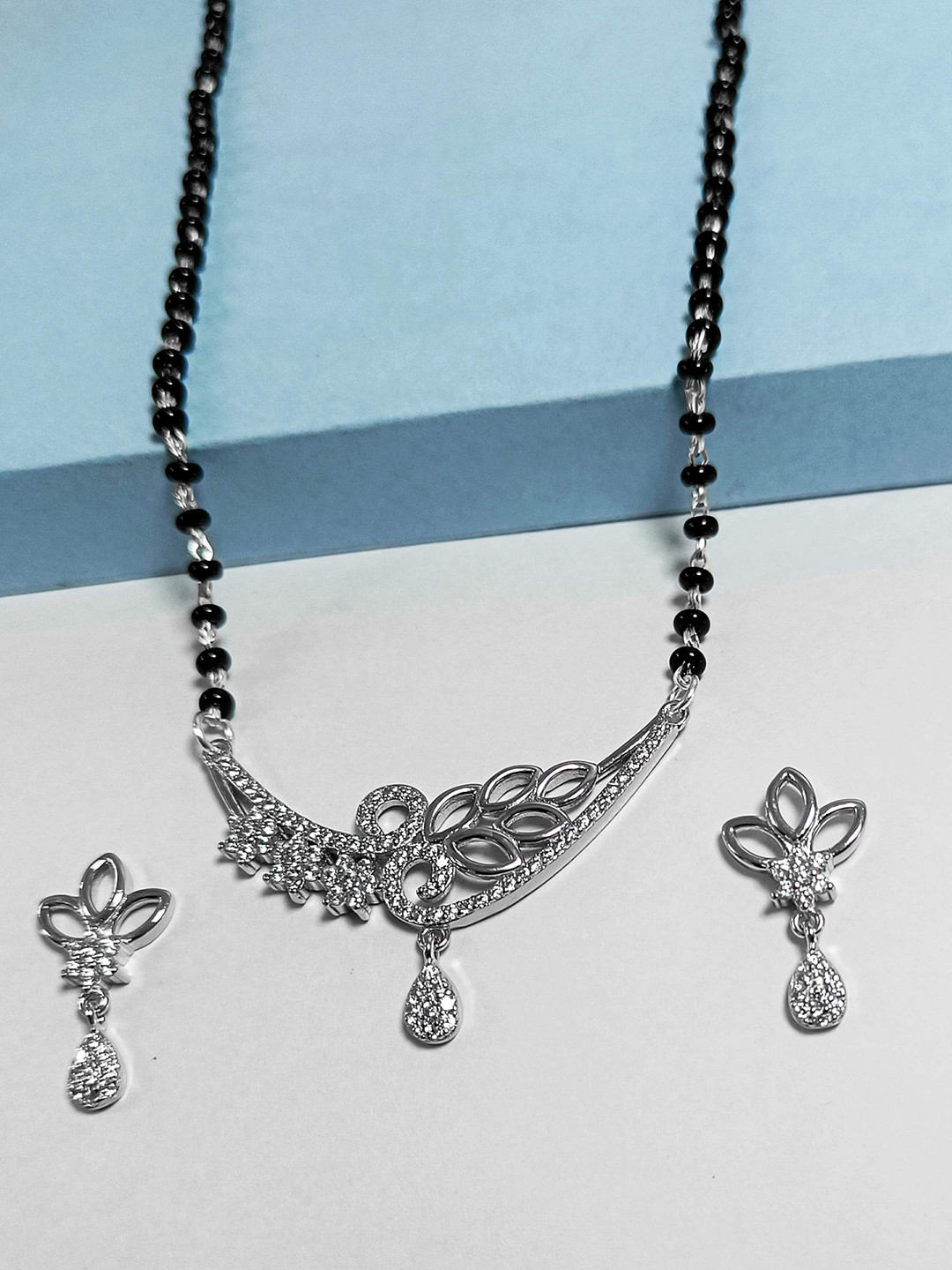 INARI SHINES 925 Silver Rhodium-Plated Charming Love Mangalsutra With Earrings