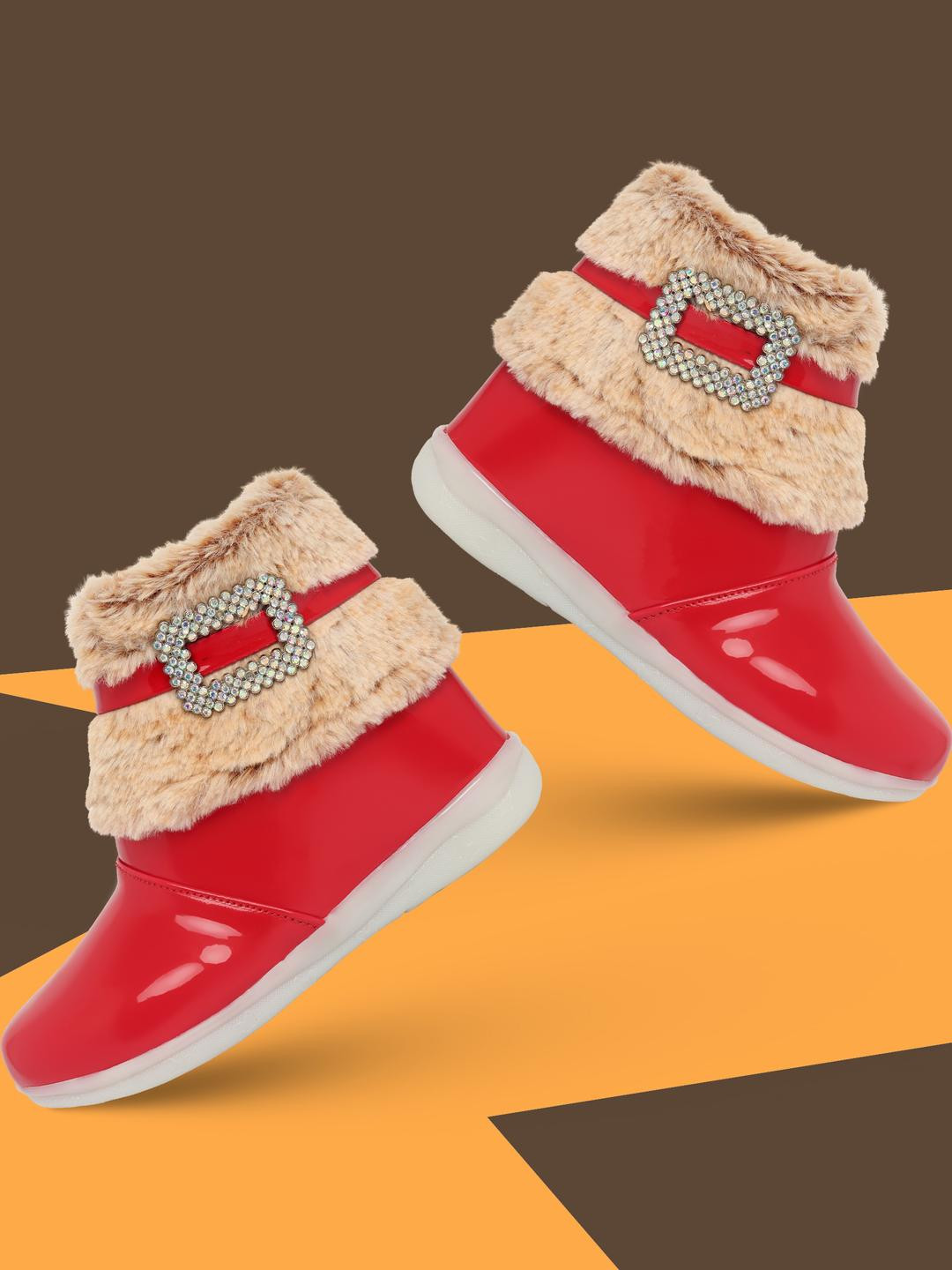 SparkleGlow Girls Red Boots with Fur And Buckle Charm