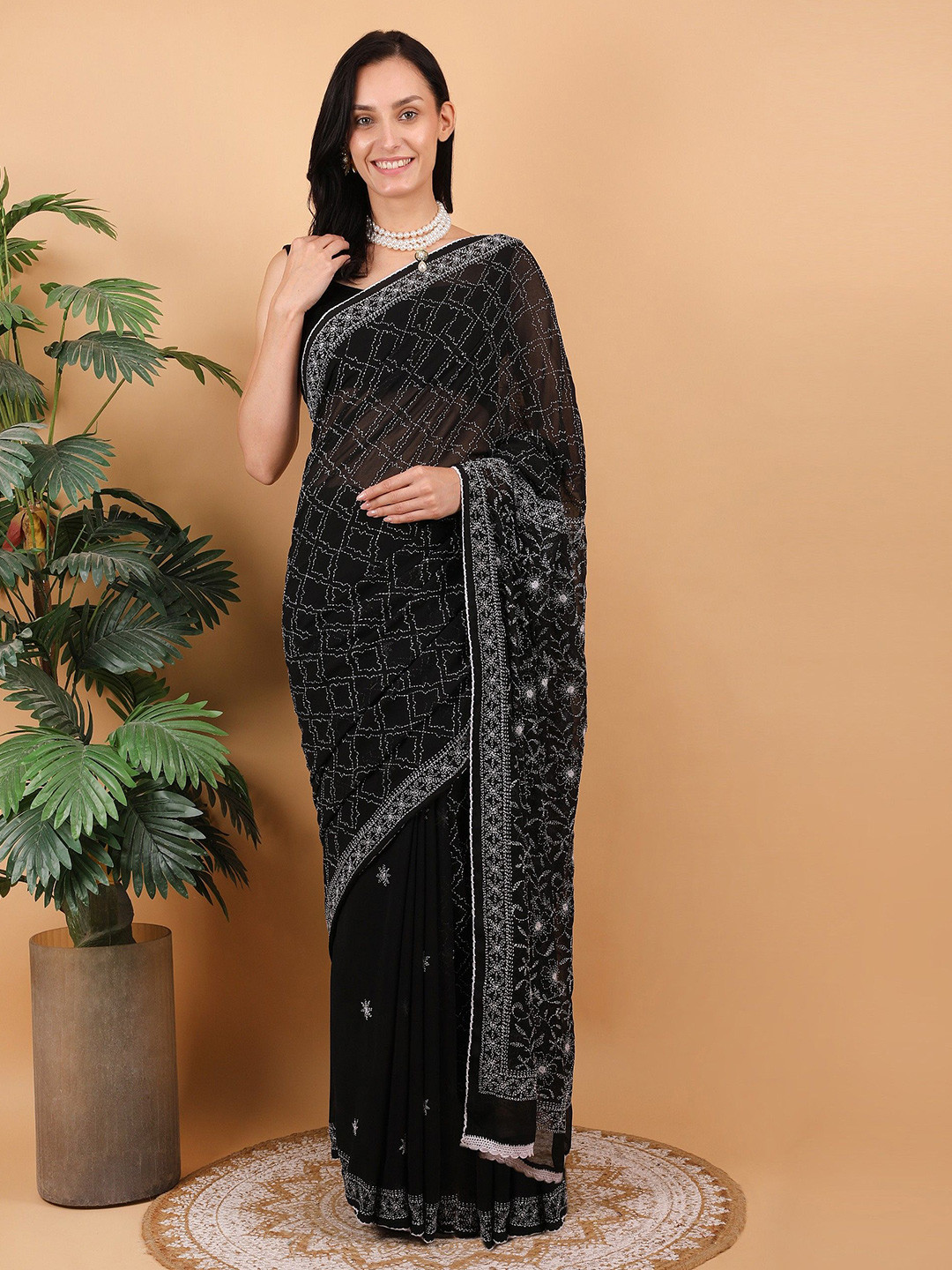 SHWET Black Hand Embroidered Chikankari Georgette Saree