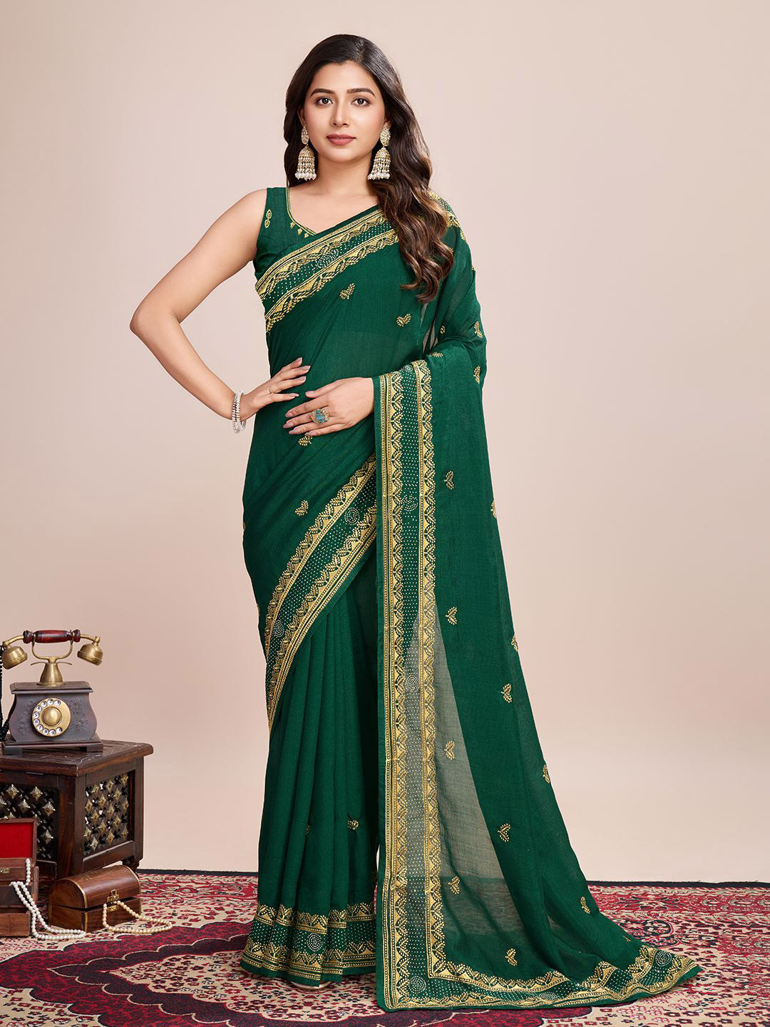 KALINI Vichitra Silk Embroidered Saree With Unstitched Blouse Piece