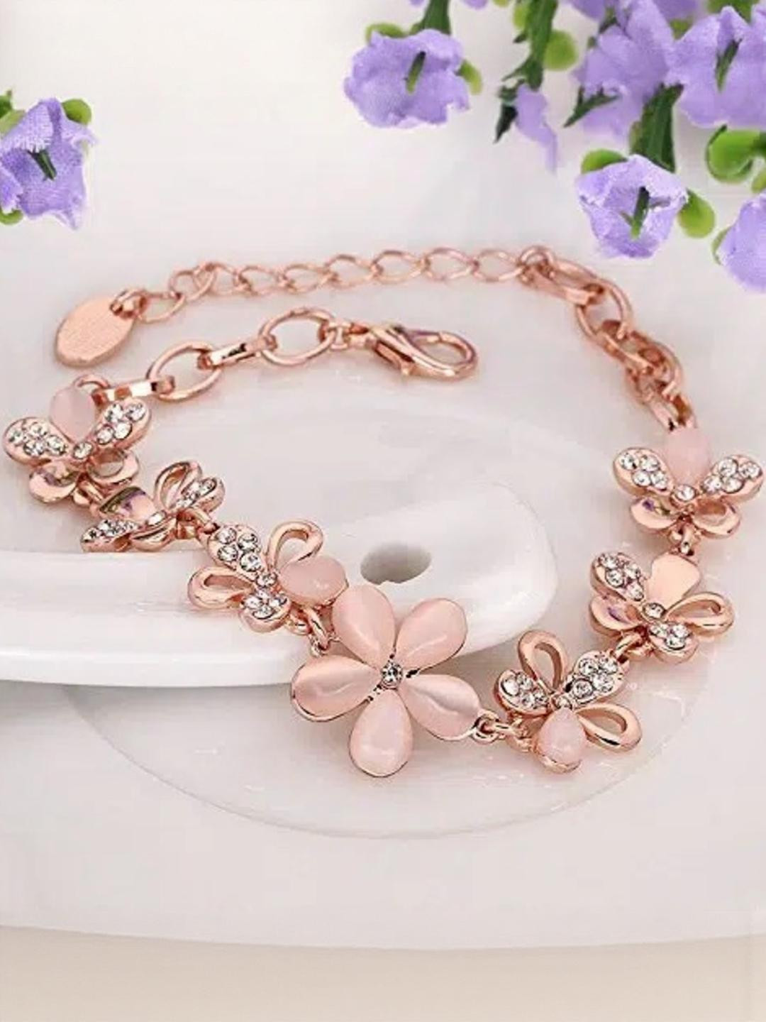 TheVineGirl Women Flower Rose Gold Plated Crystal Bracelet