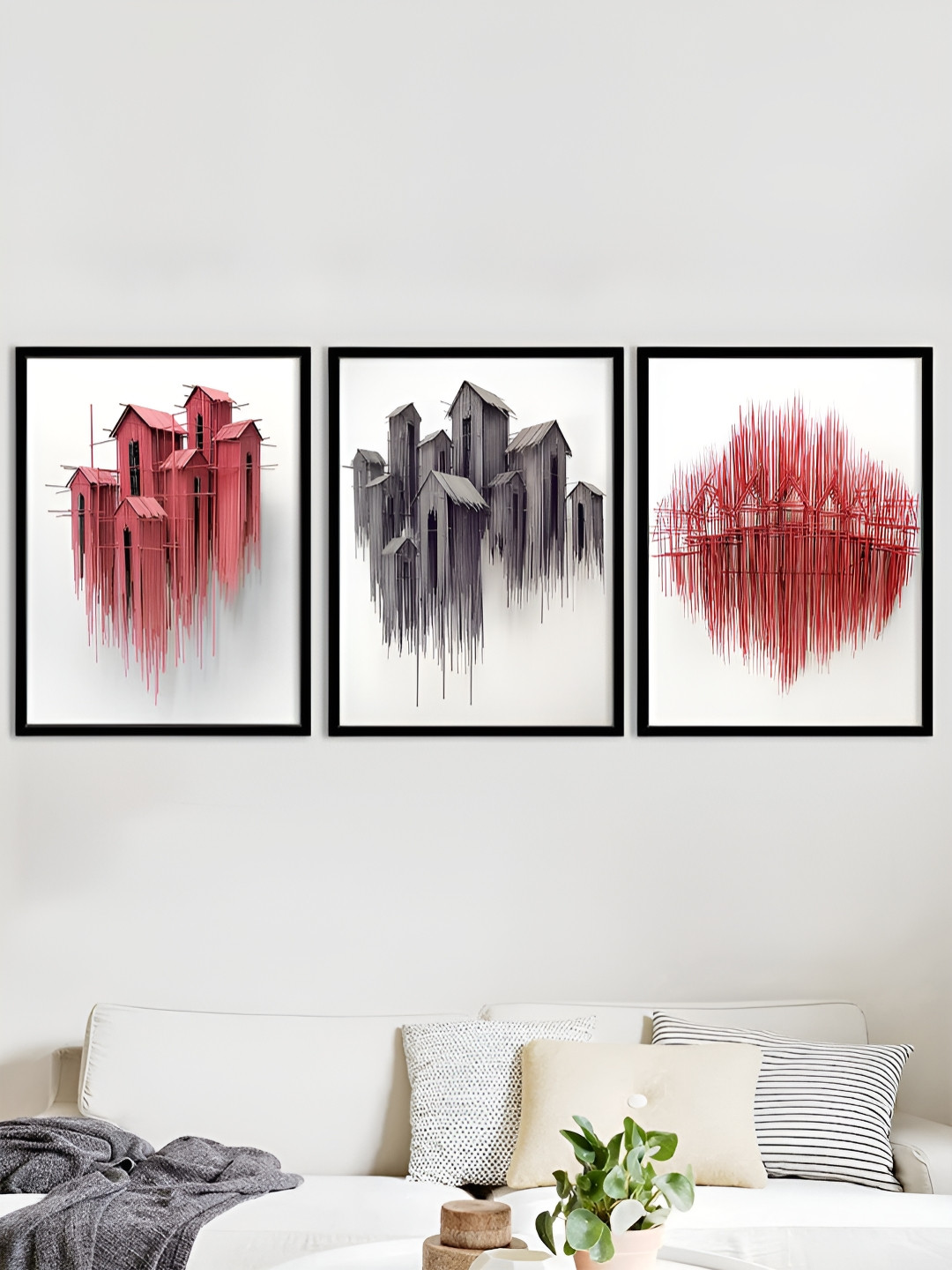 Myntra Elegant Homes Red & Grey Set of 3 Piece Canvas Abstract Wall Paintings