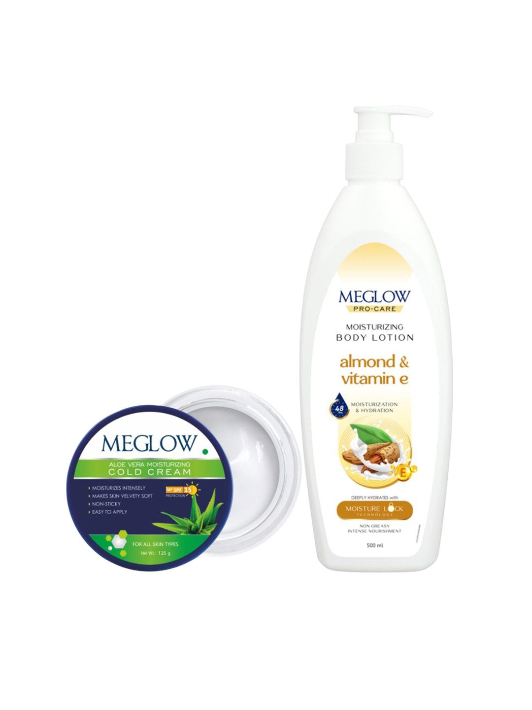 MEGLOW Set Of 2 Cold Cream 125 g & Almond & Vitamin E Body Lotion - 500 ml