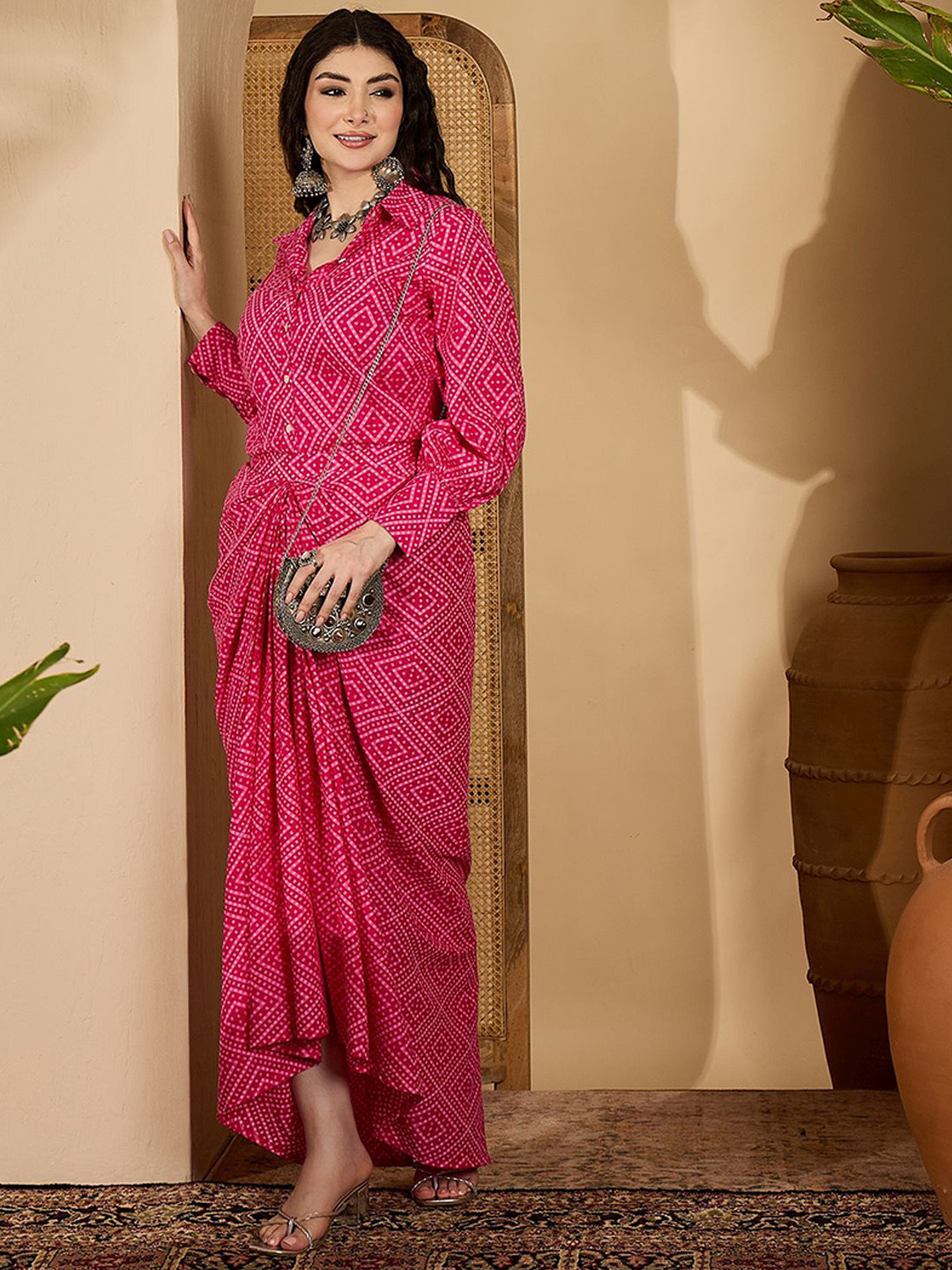 Sangria Bandhini Printed Pure Cotton Shirt with Skirt Co-Ords