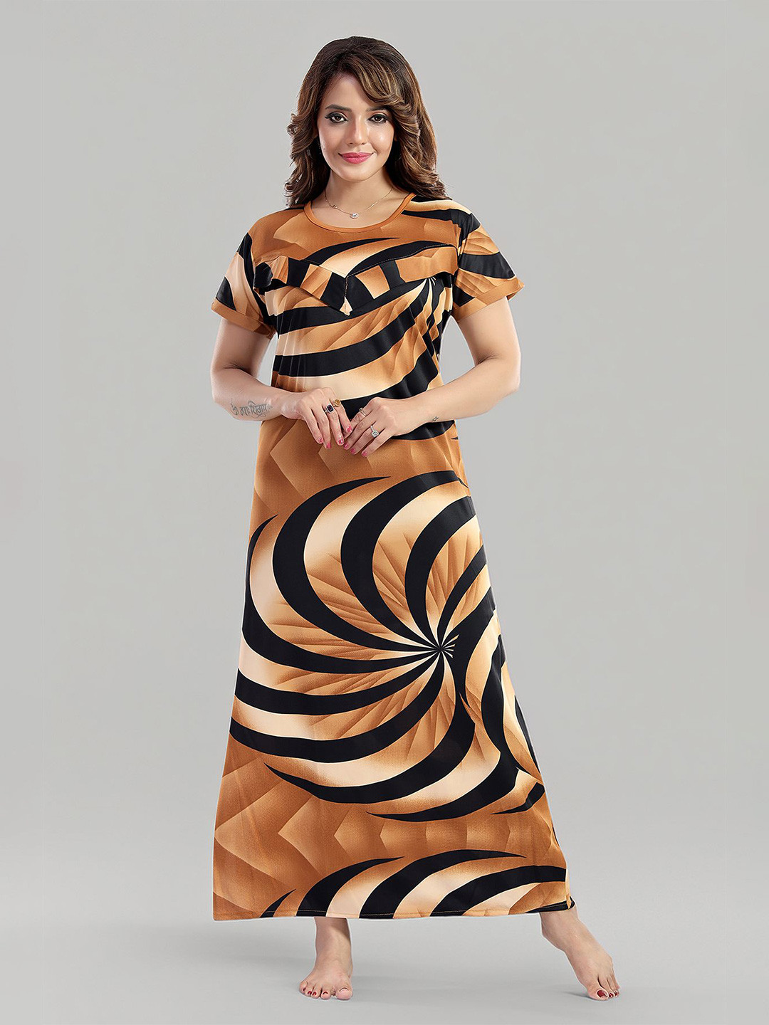 BDE Women Satin Spiral Printed Maternity Maxi Sweat Nightdress