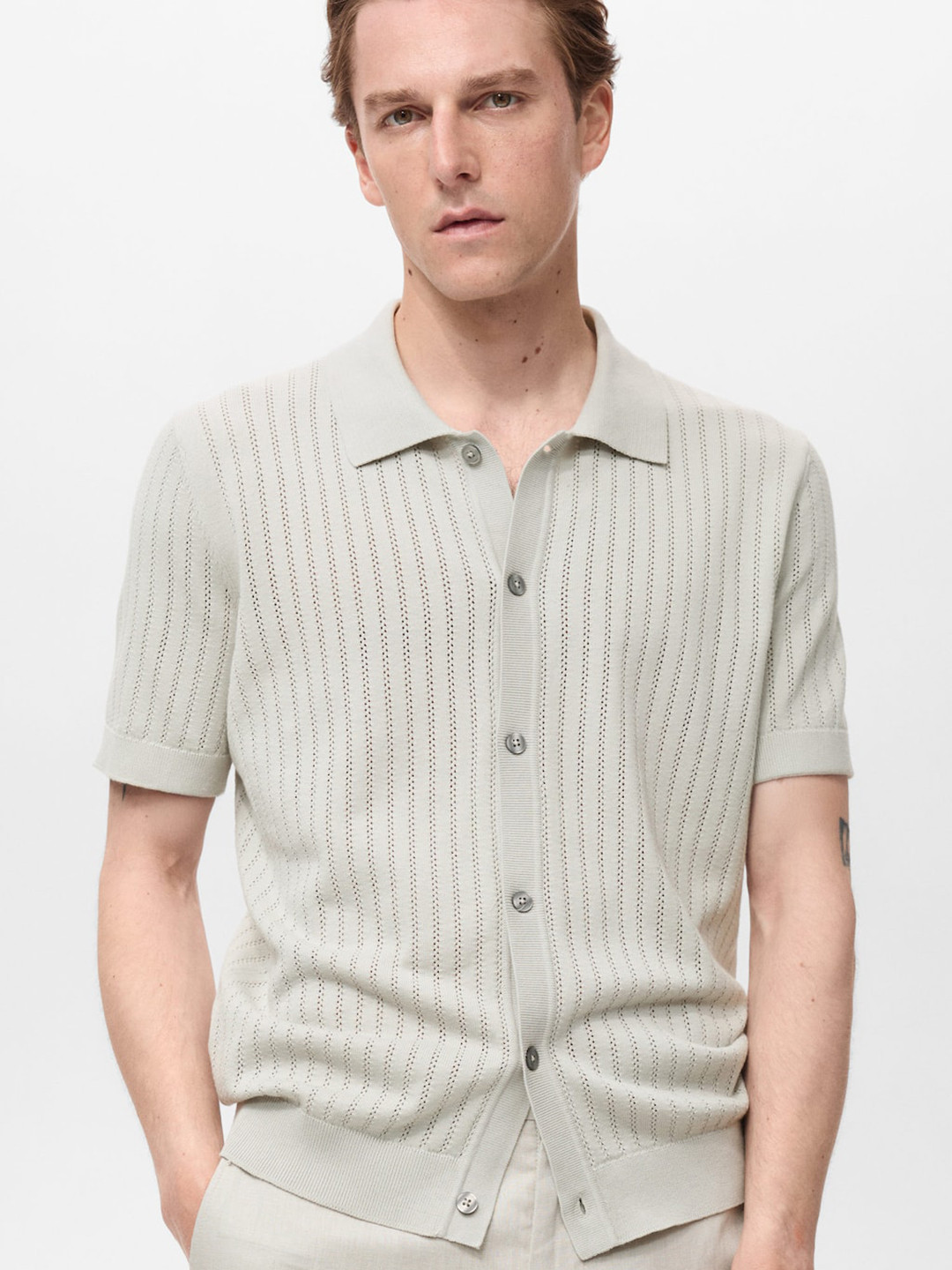 MANGO MAN Self Striped With Open Knits Pure Cotton Casual Shirt