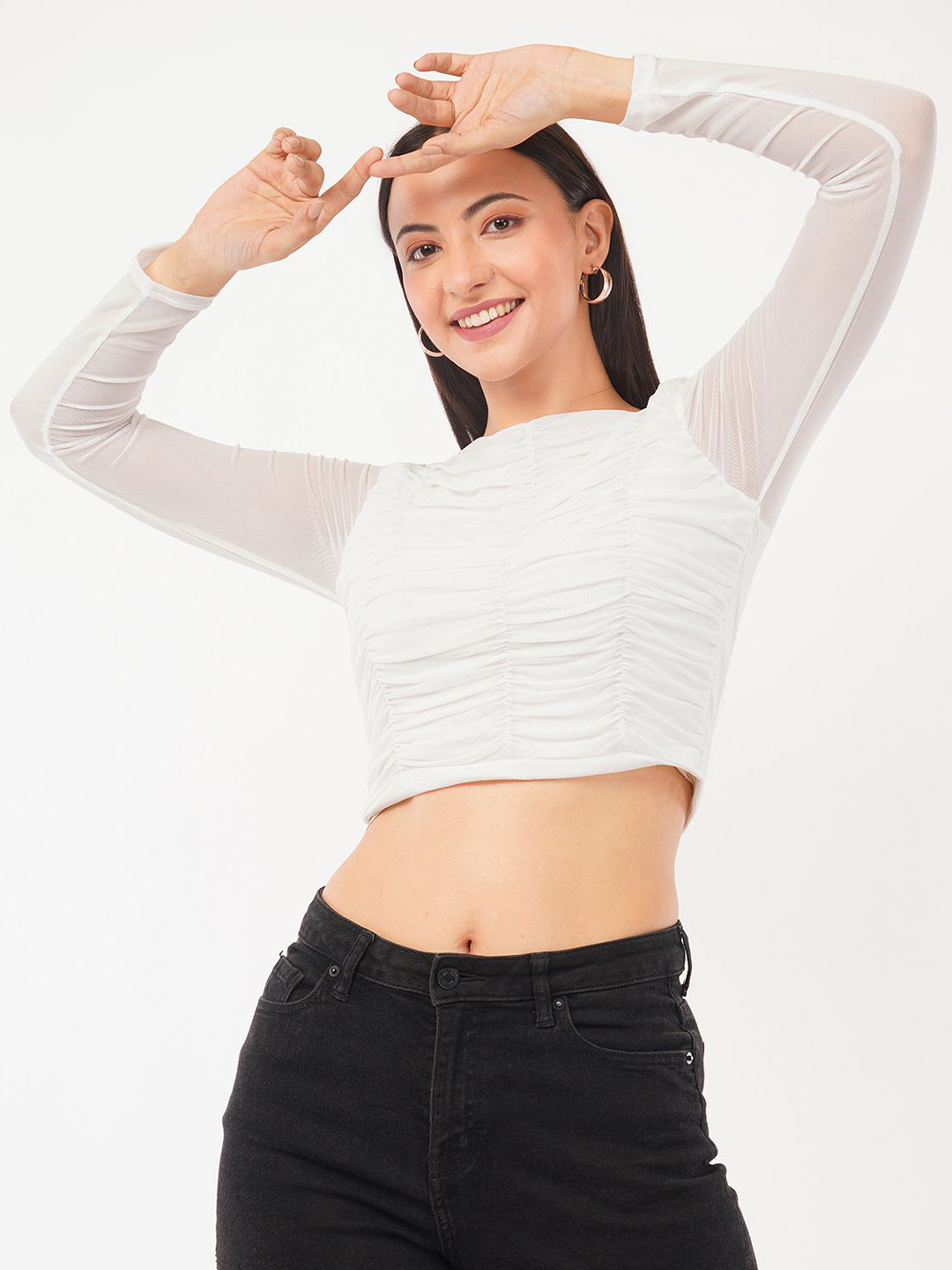 Deshi Girl Women Ruched Fitted Net Crop Top