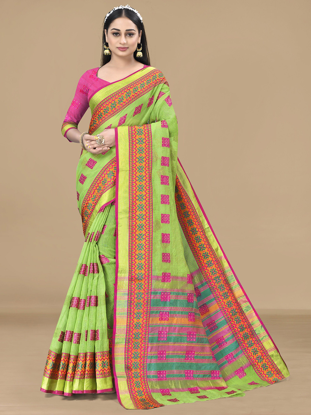 Moda Rapido Embroidered Cotton Linen Silver Zari Patta Saree