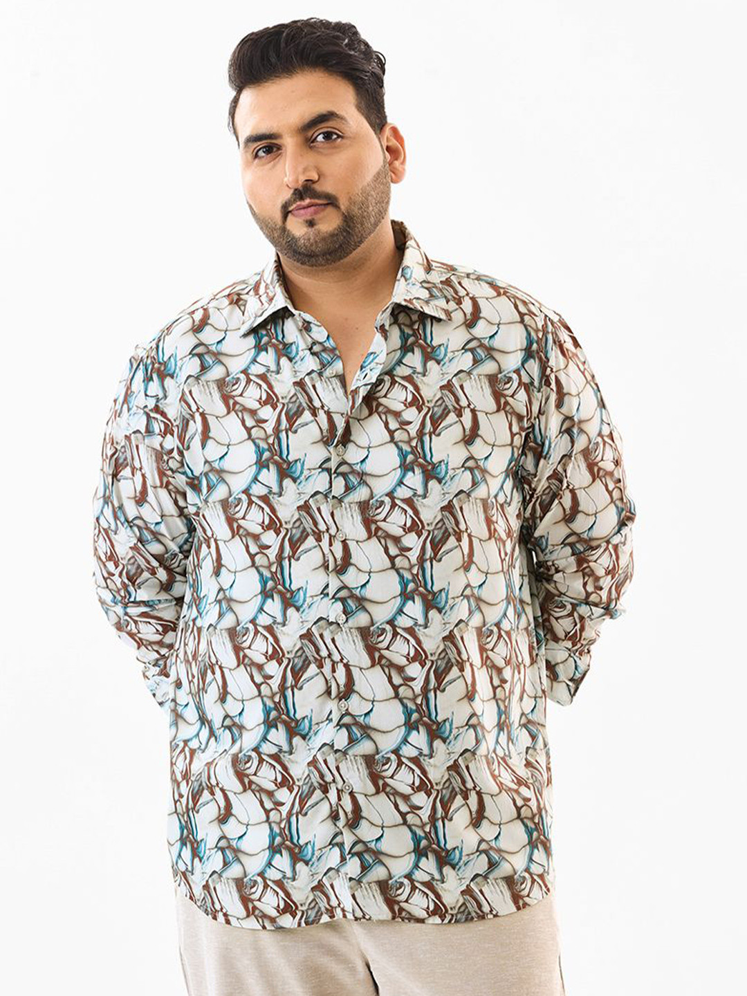 Snitch Plus Size Abstract Printed Long Sleeves Shirt