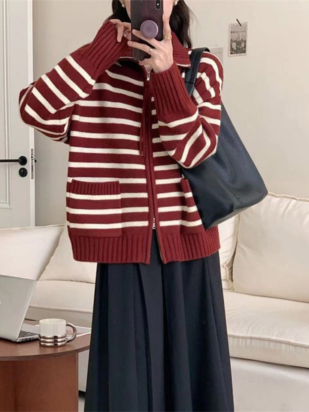 StyleCast Women Horizontal Striped Mock Collar Cardigan