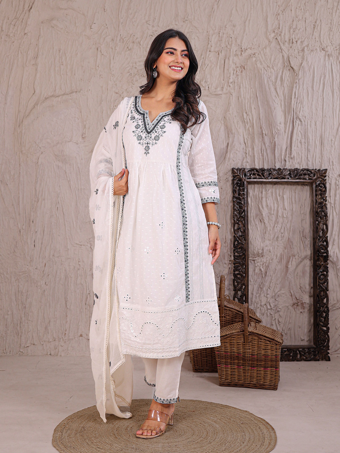 ZARI Women Mirror Work Jaipur Cotton Kurta Set with Embroidery