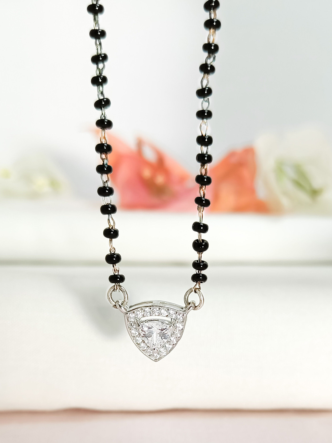 INARI SHINES 925 Sterling Silver Rhodium-Plated Trillion Cut Pendant Mangalsutra