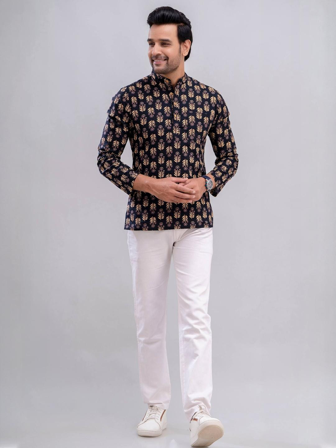 MissKurti Men Standard Fit Floral Printed Mandarin Collar Cotton Casual Shirt