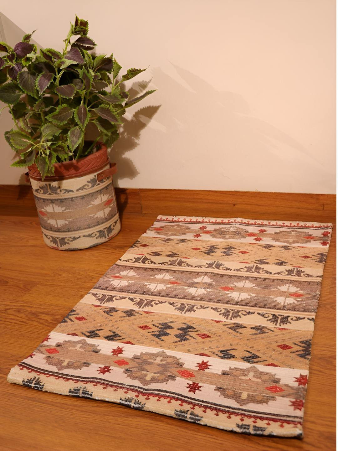 Mona B Beige & Brown Vintage Printed Anti-Skid Dhurrie