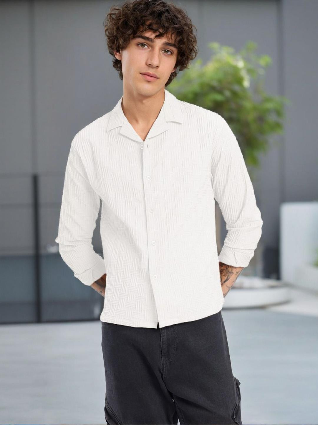 White Textured Regular Fit Casual Shirt with Spread Collar