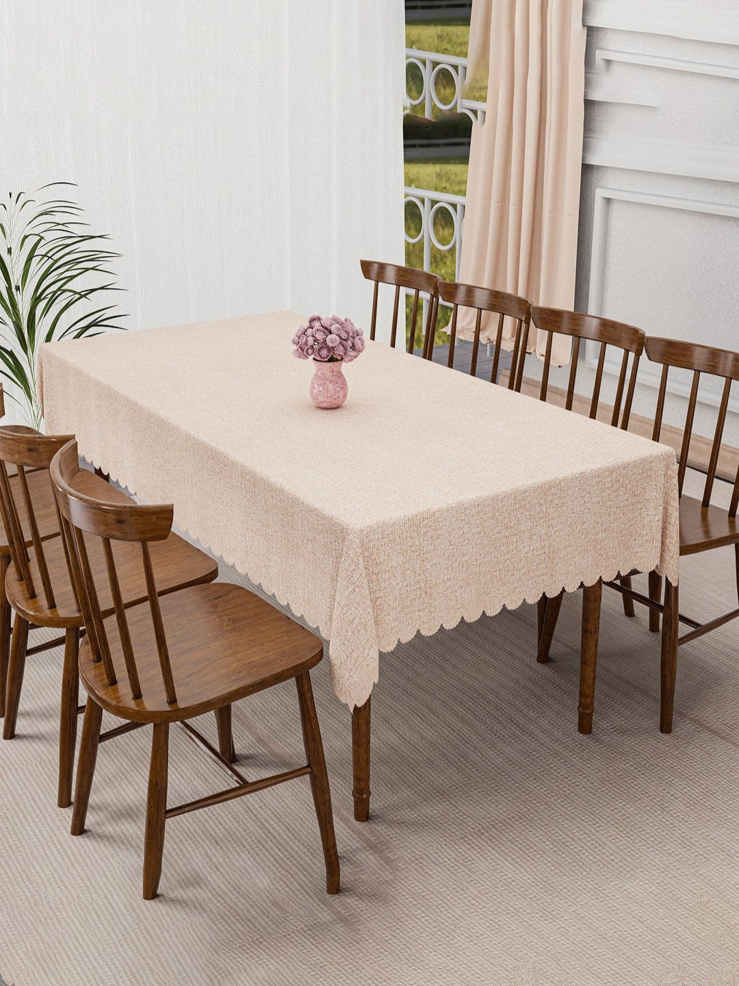 Aura Shining Khadi Cutwork Beige Textured Waterproof 6-Seater Table Cover