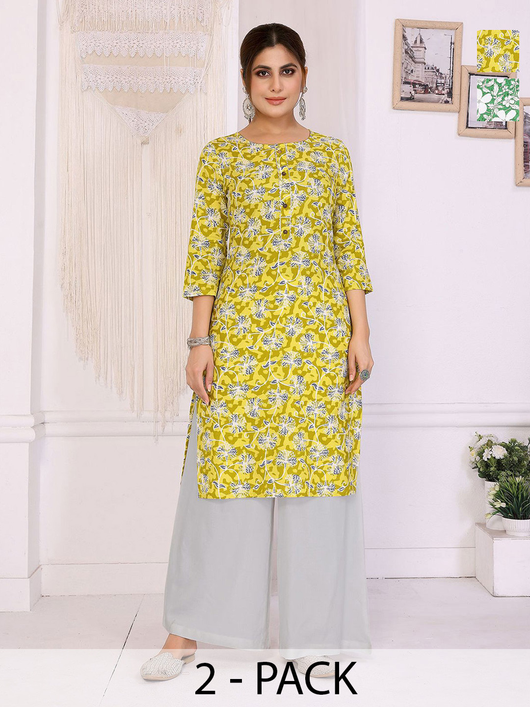 Rangita Collection Of 2 Floral Printed Round Neck Straight Kurtas