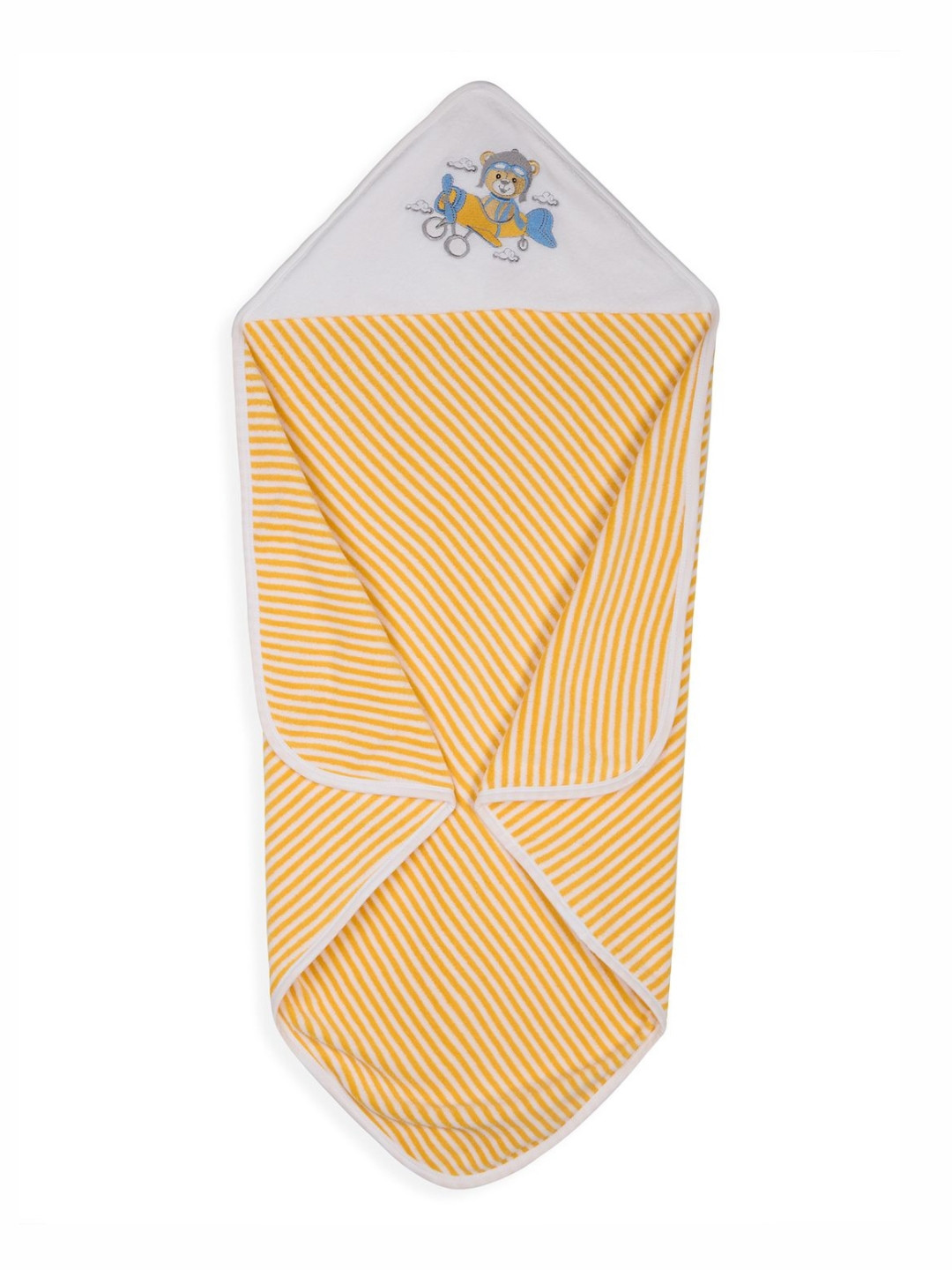 My Milestones Yellow Aviator Benny Embroidered Striped Terry Cotton 550 GSM Hooded Towel