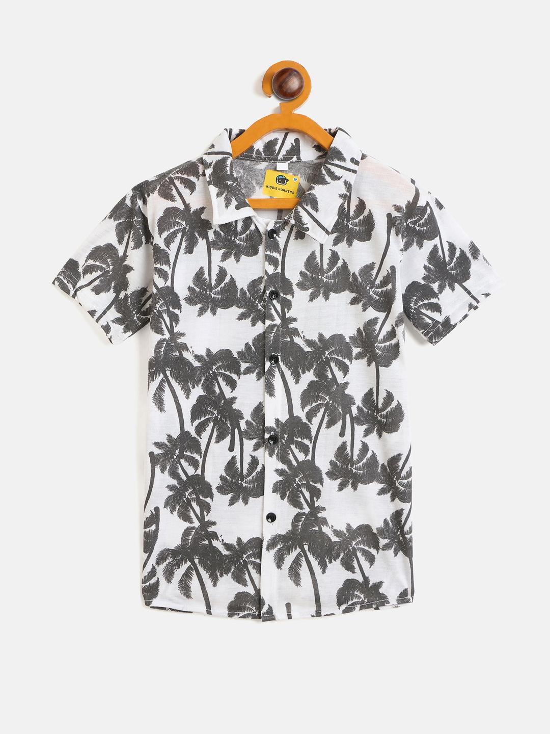 DENNIN Boys Floral Printed Spread Collar Cotton Short Sleeves Regular Fit Shirt