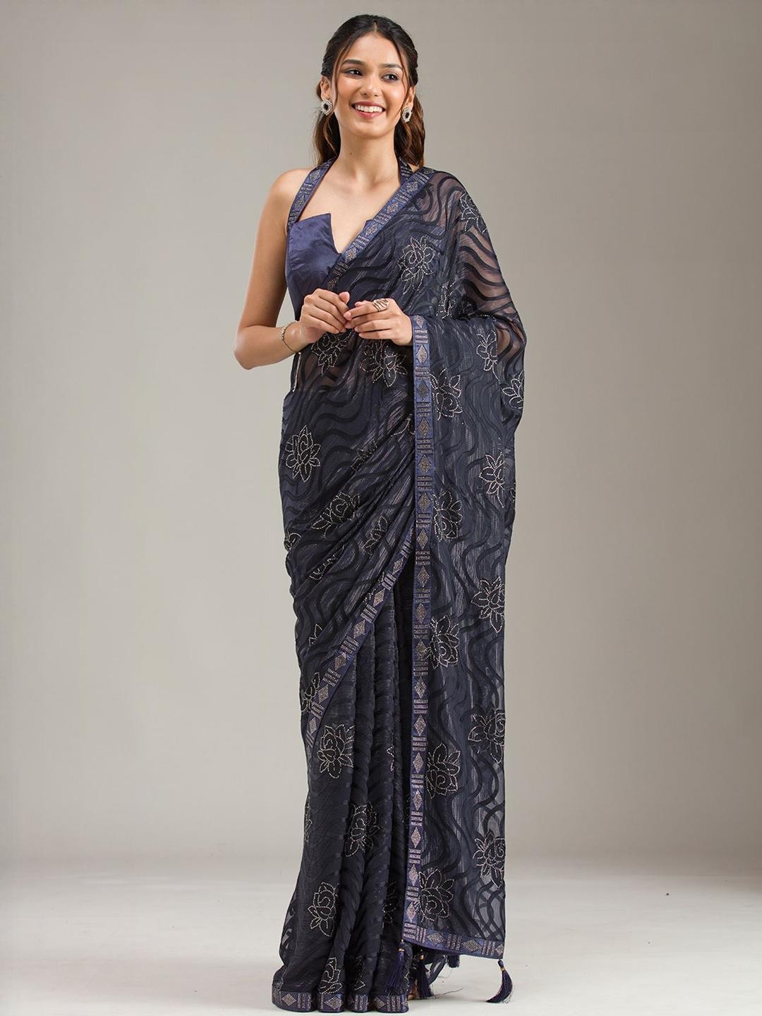 Koskii Navy Blue Embroidered Stonework Saree