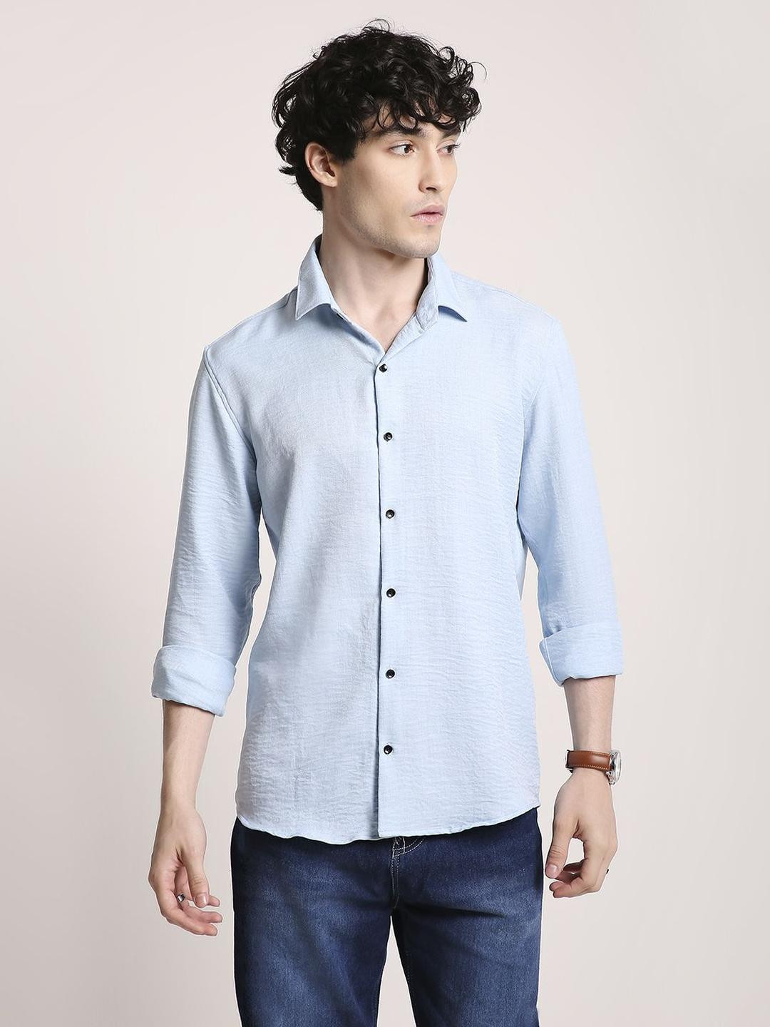 John Philips Crinkle Texture Spread Collar Regular Fit Cotton Shirt