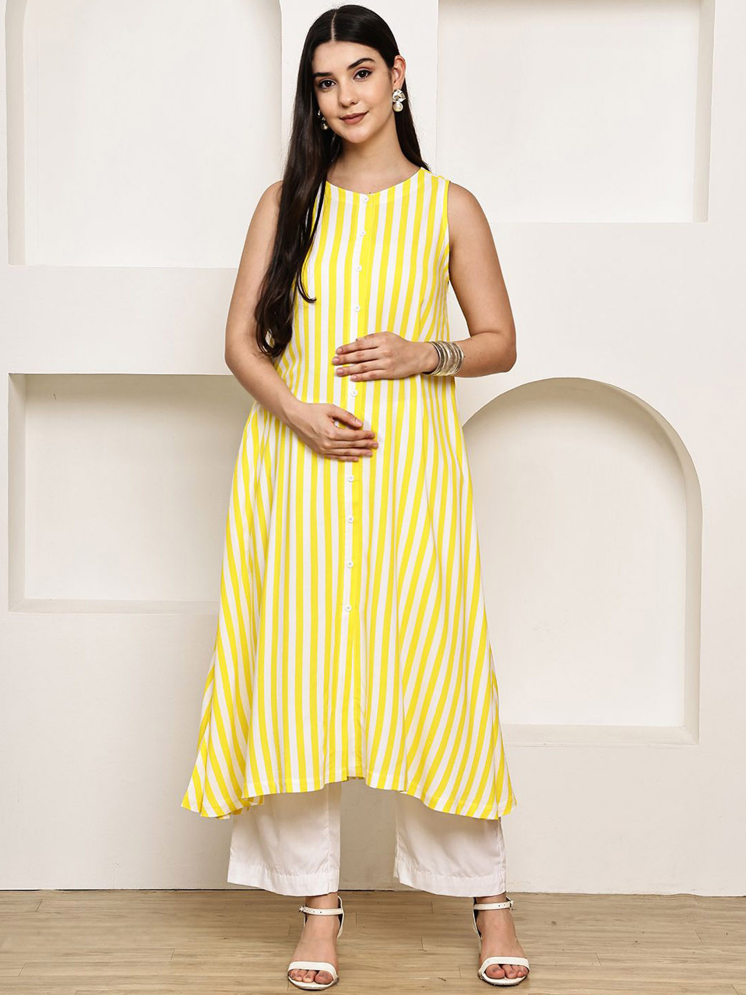 Secret Wish Women's Maternity Striped A-Line Kurta with Trousers