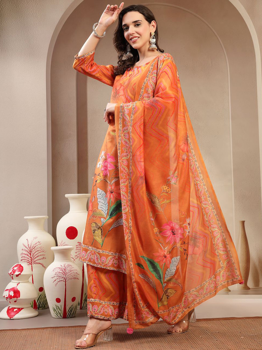 Ramas Leheriya Printed Mirror Work Straight Kurta With Palazzos And Dupatta
