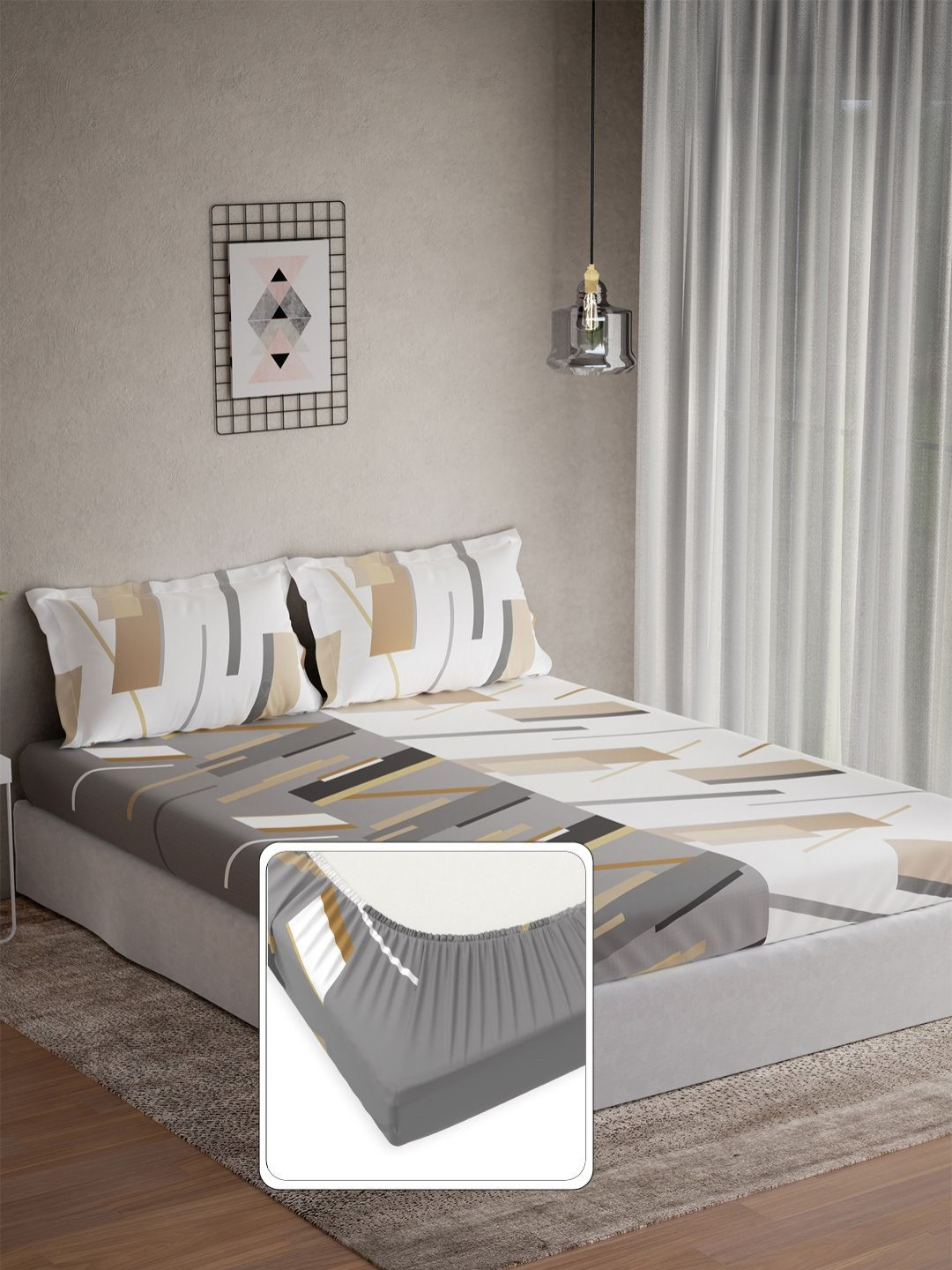 DDecor Omega Grey Geometric Cotton 144 TC Fitted Double King Bedsheet Set-1.82 m X 1.98 m