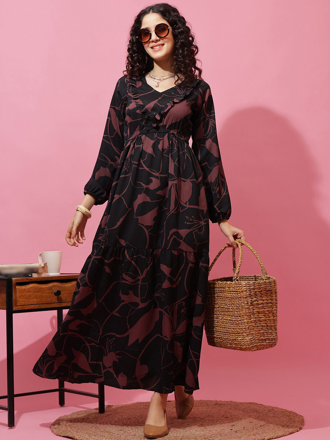 SHEETAL Associates Women Abstract Printed Puff Sleeve Ruffled Empire Maxi Dress