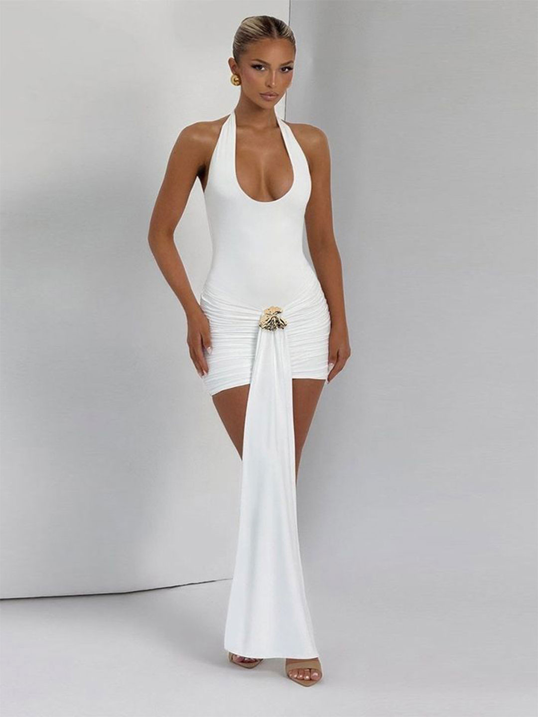 LULU & SKY Women Draped White Halter Neck Sleeveless Ruched Bodycon Mini Dress