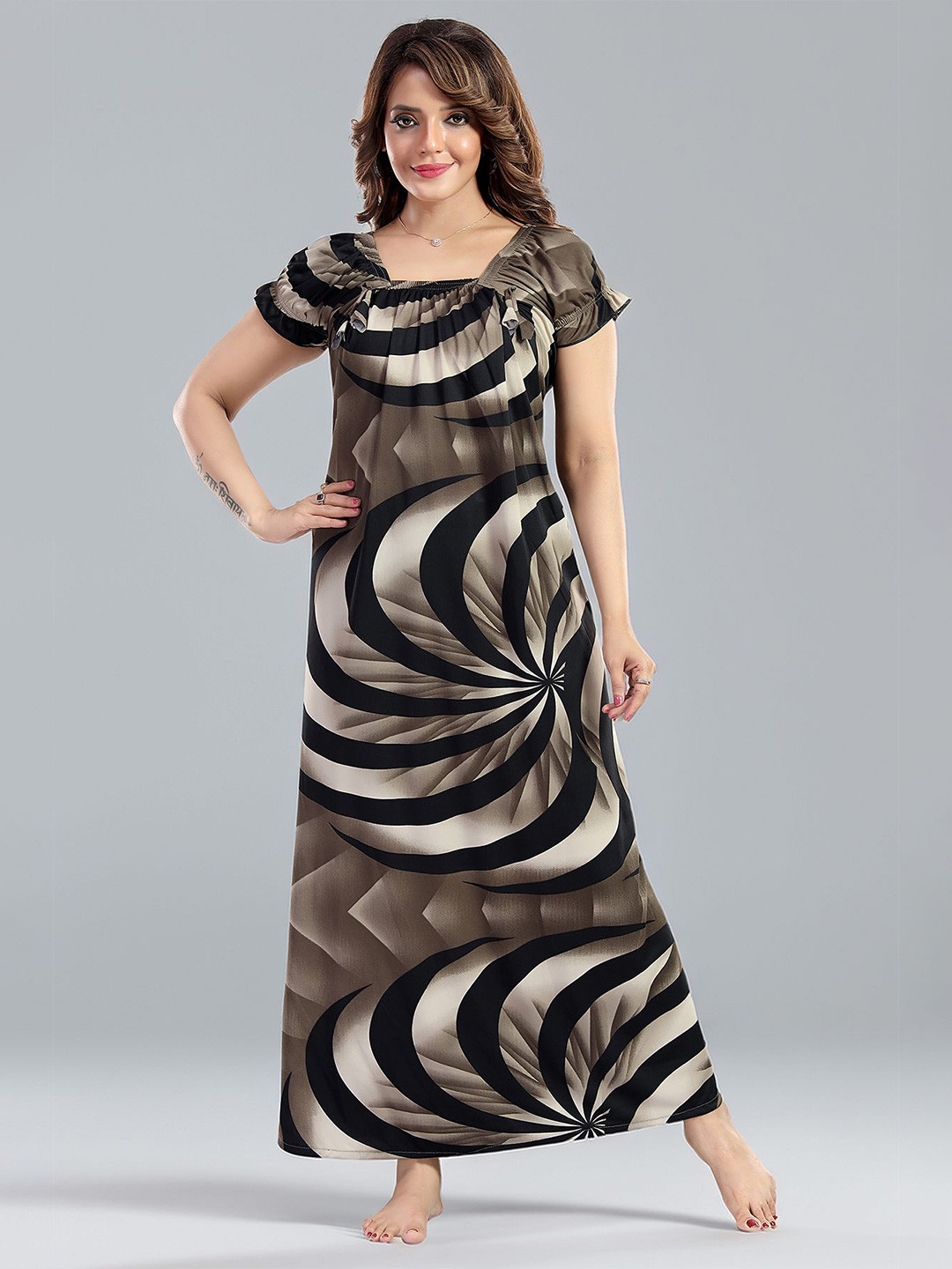 BDE Women Printed Square Neck Satin Maternity Maxi Nightdress