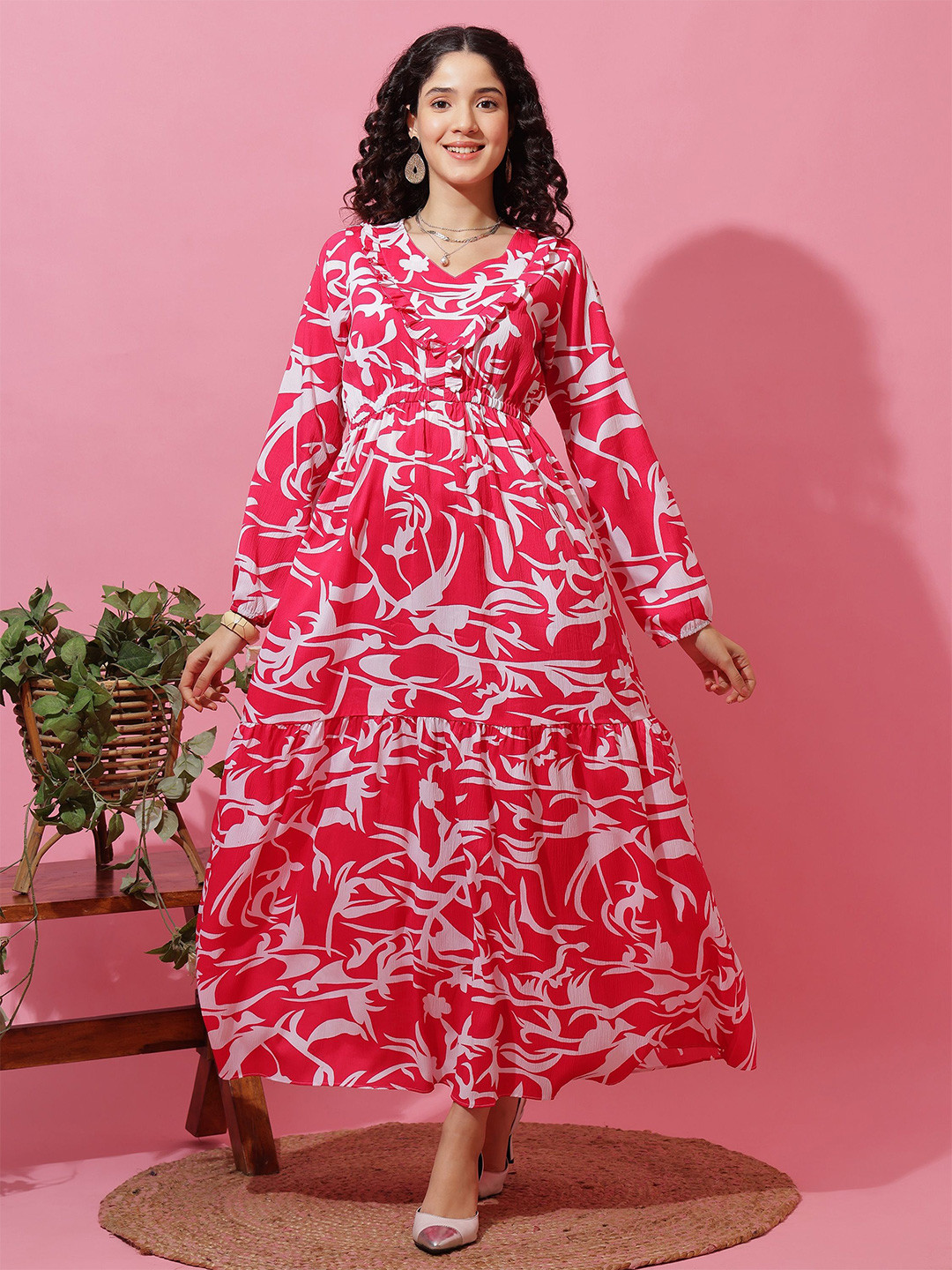 Honky Tonky Printed V-Neck Puff Sleeves Tiered Fit & Flare Maxi Dress