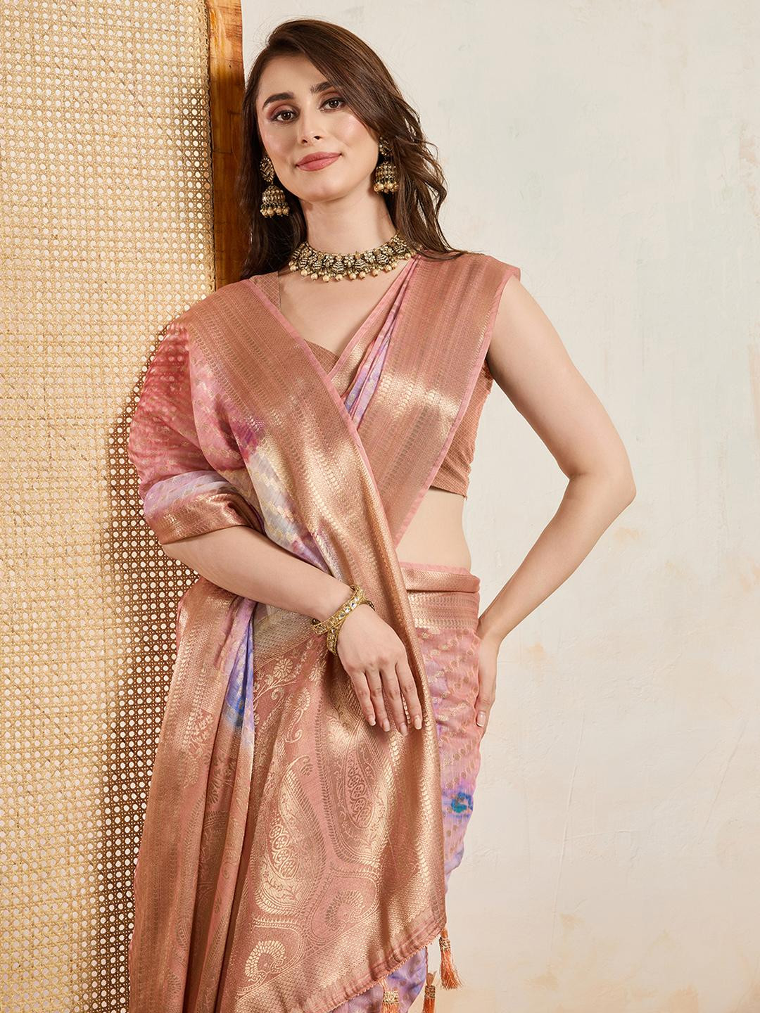 NIWAA Peach Viscose Printed Woven Saree For Women
