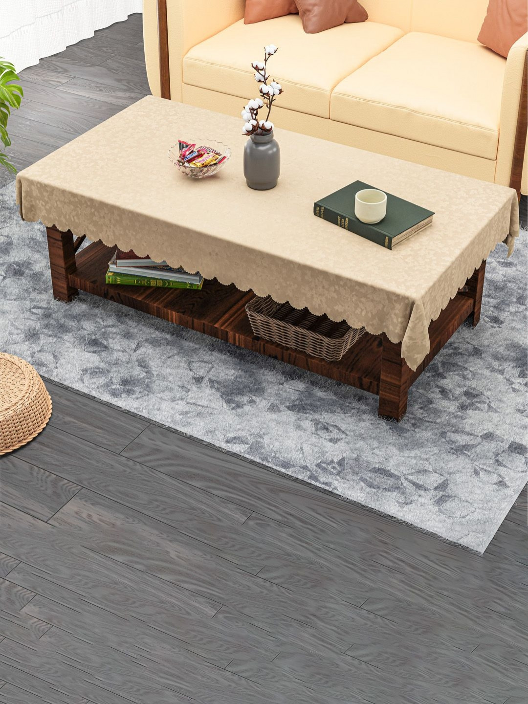 Aura Opal Silk Self Brown Floral Printed Waterproof 4-Seater Table Cover