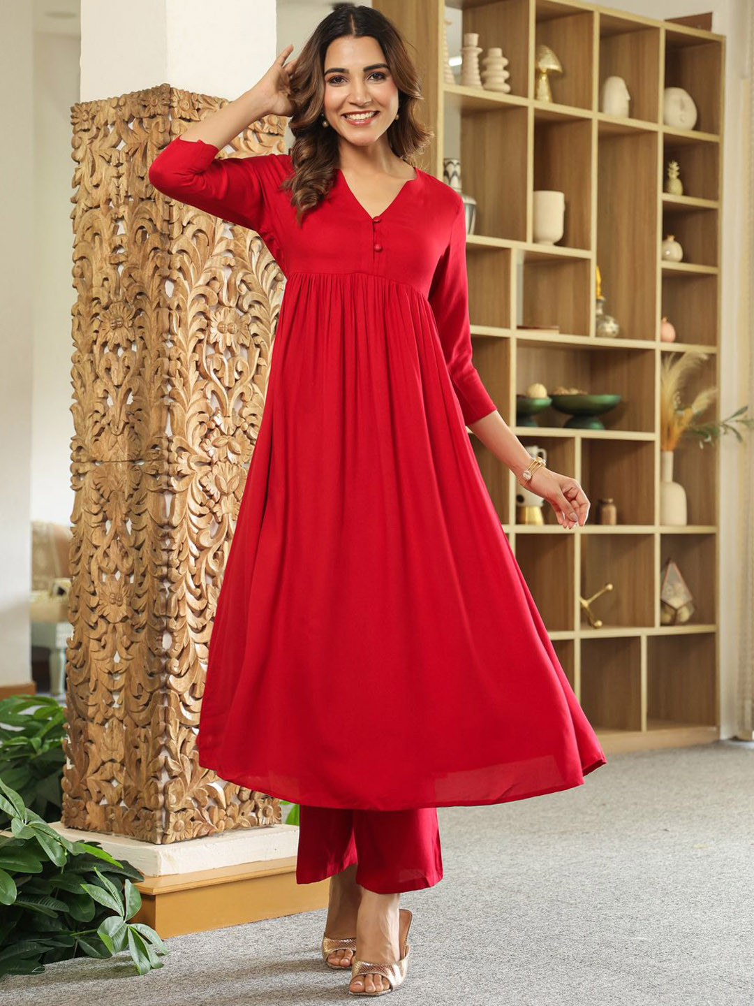 DIVASTRI Women Cherry Red Anarkali Kurta with Trousers
