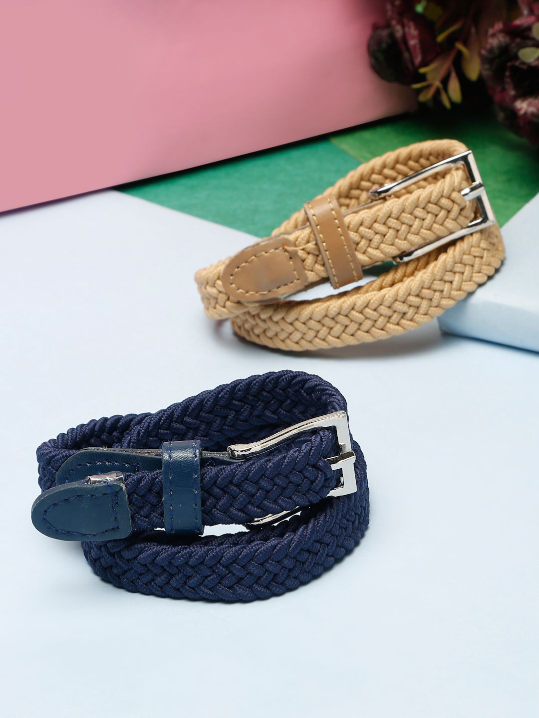 Stoln Unisex Kids Set Of 2 Braided Stretchable Reversible & Adjustable Belt