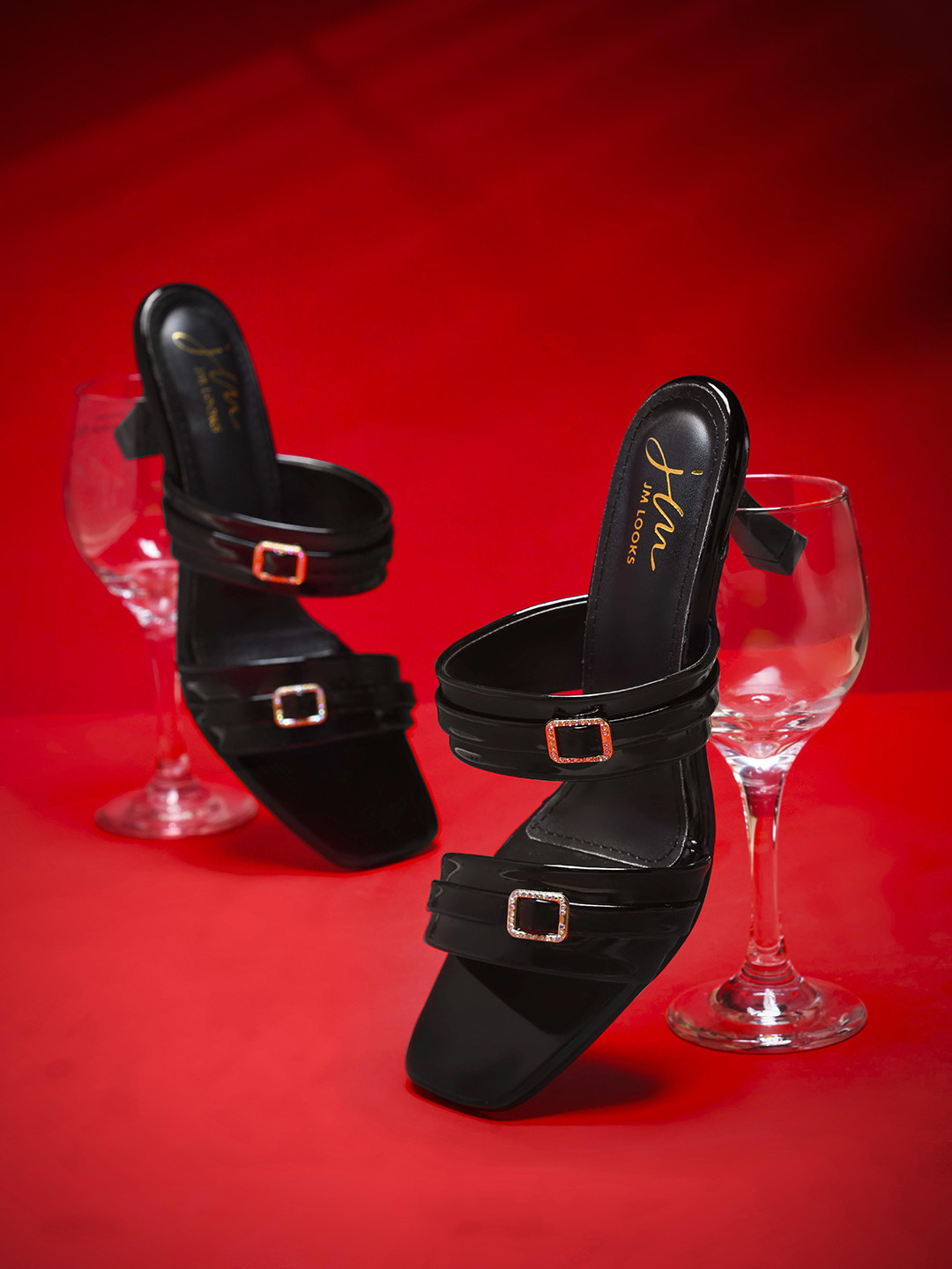 JM Looks Women Party Double Strap Slip On Kitten Heel Sandals with Buckles