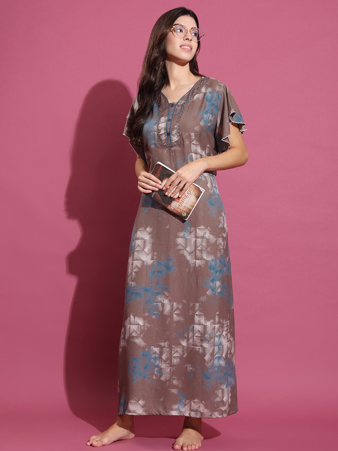 TRUNDZ Women Brown & Blue Printed Round Neck Flutter Sleeves Maxi Nightdress
