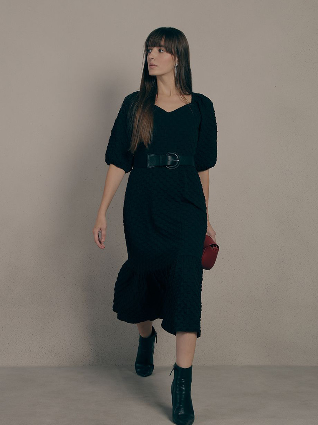 Vero Moda JUNE Women Puff Sleeve Belted A-Line Midi Dress
