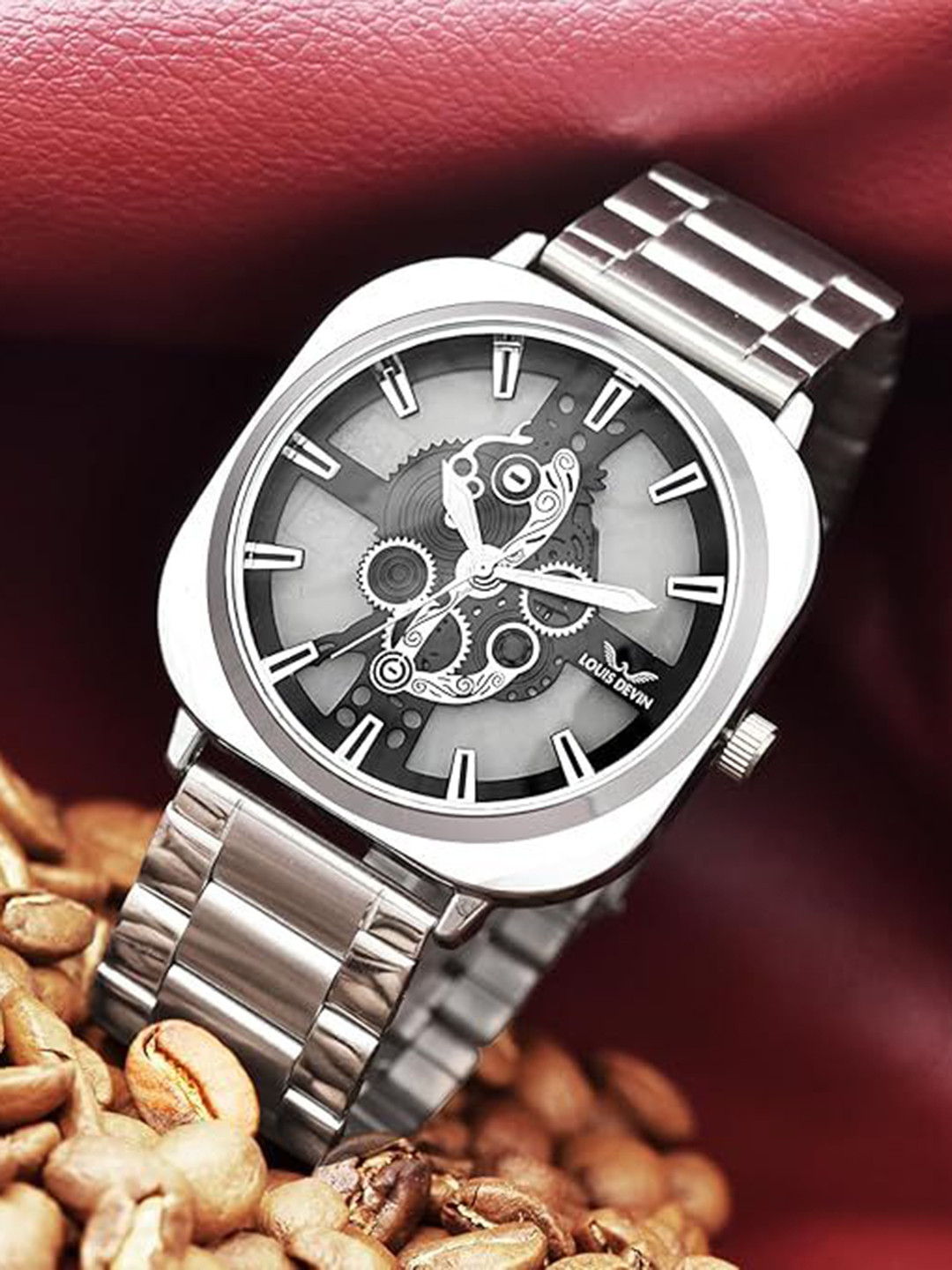 LOUIS DEVIN Men Skeleton Dial & Bracelet Style Straps Analogue Watch LD-G081-BLK-CH.