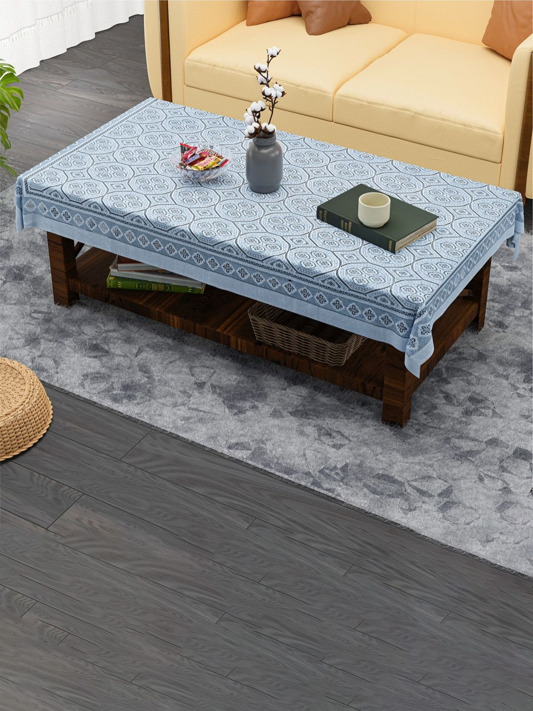 Aura Galaxy 4 Way Design Grey Ethnic Motifs Printed Anti-Skid Cotton 4-Seater Table Cover