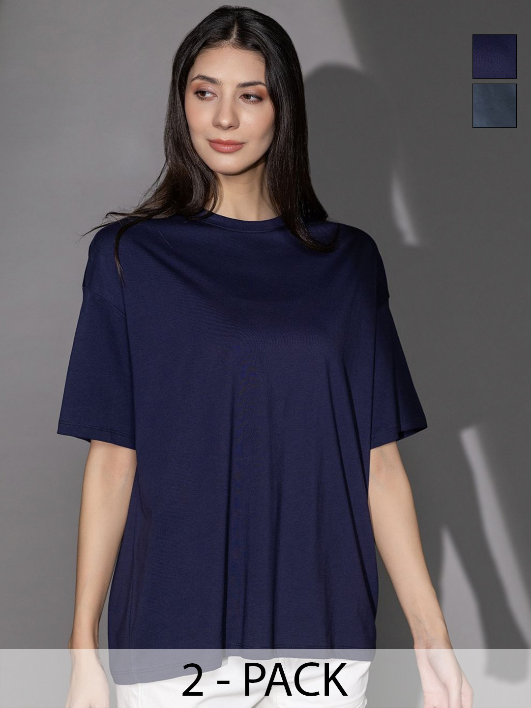 TITTLI Women Pack of 2 Solid Round Neck Pure Cotton Oversized T-shirts