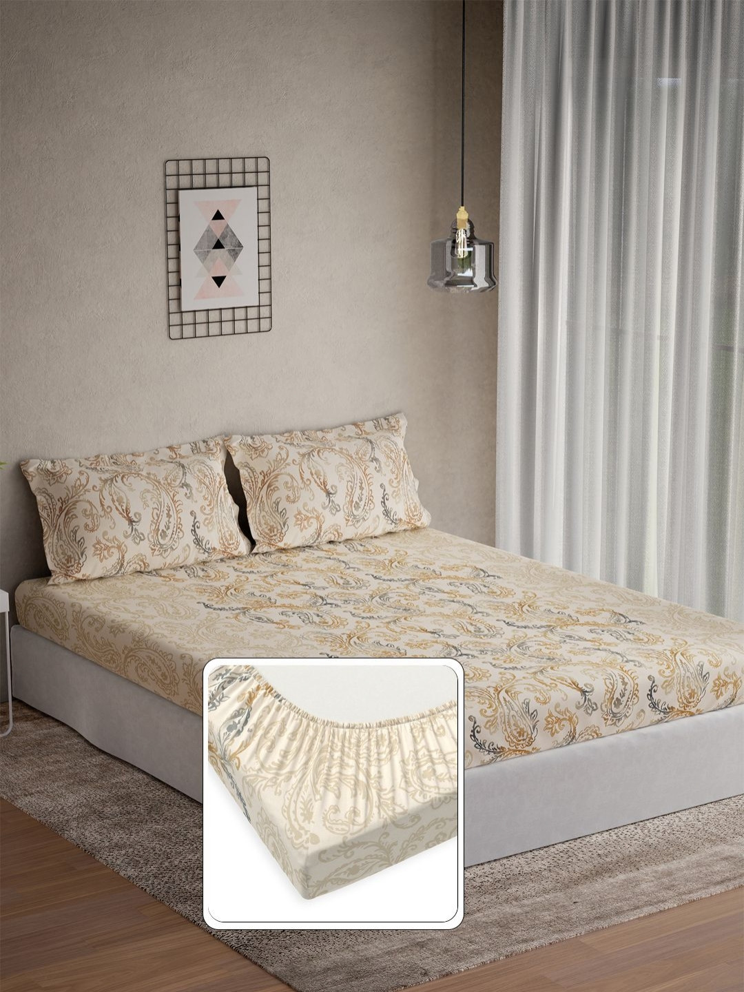 DDecor Omega Beige & Grey Printed Cotton 144 TC King Bedsheet Set 1.82 m x 1.98 m