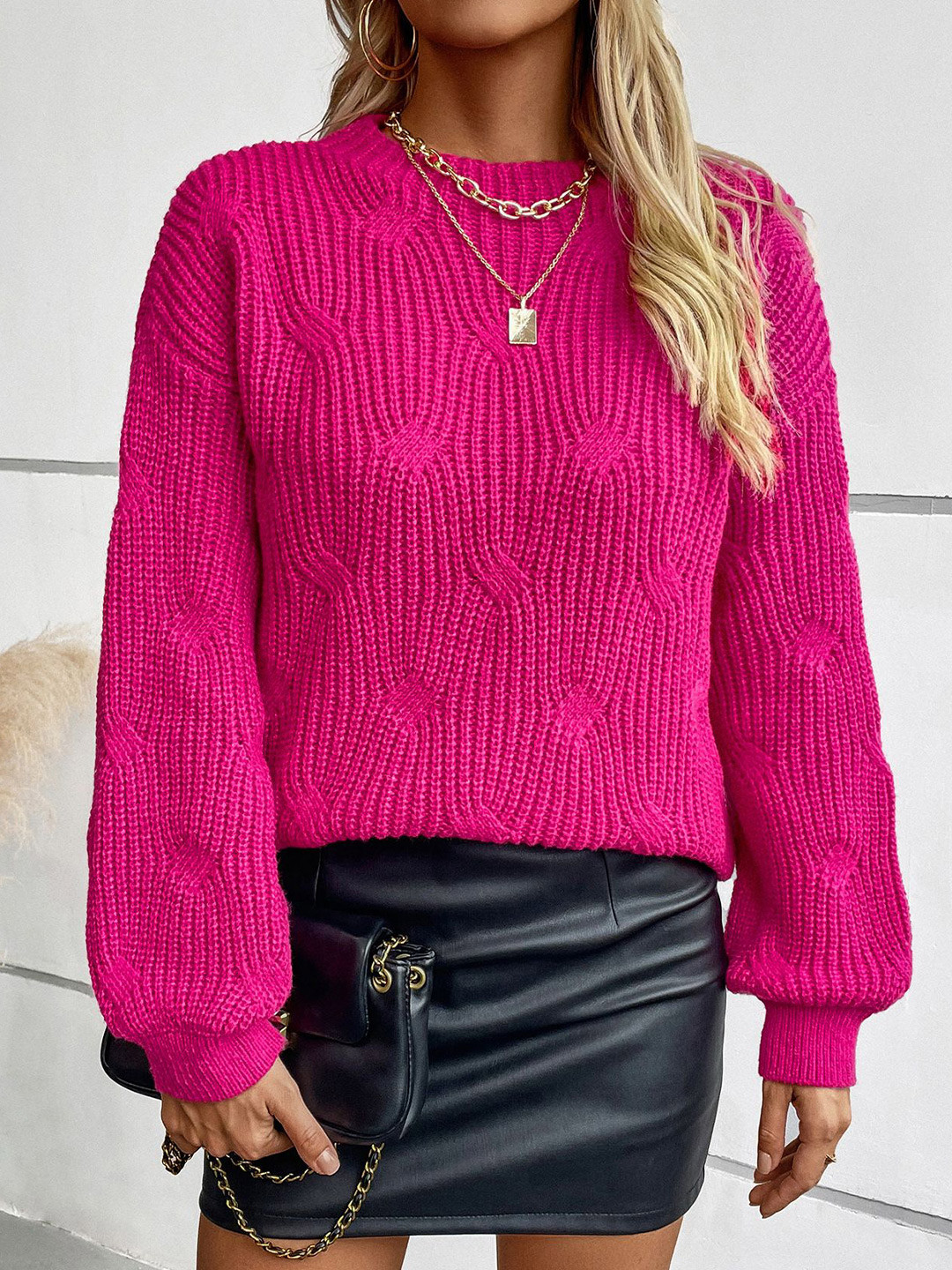 all about you Women Cable Knit Round Neck Cuffed Sleeves Pullover