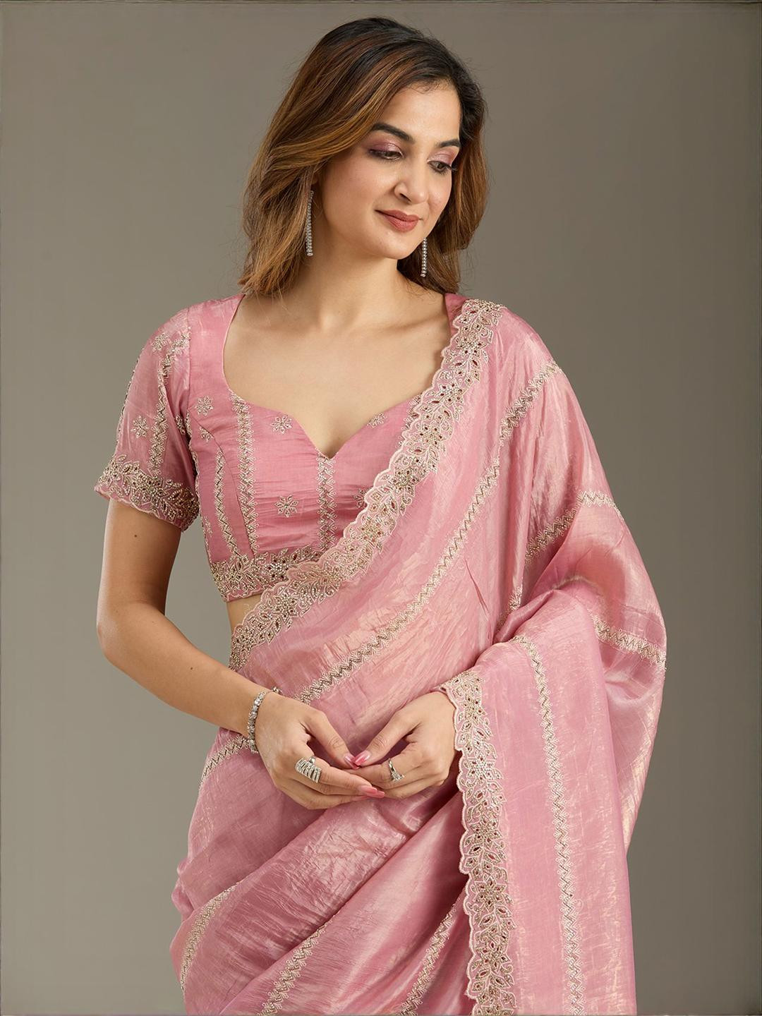 Koskii Pink Tissue Embellished Embroidered Tissue Saree