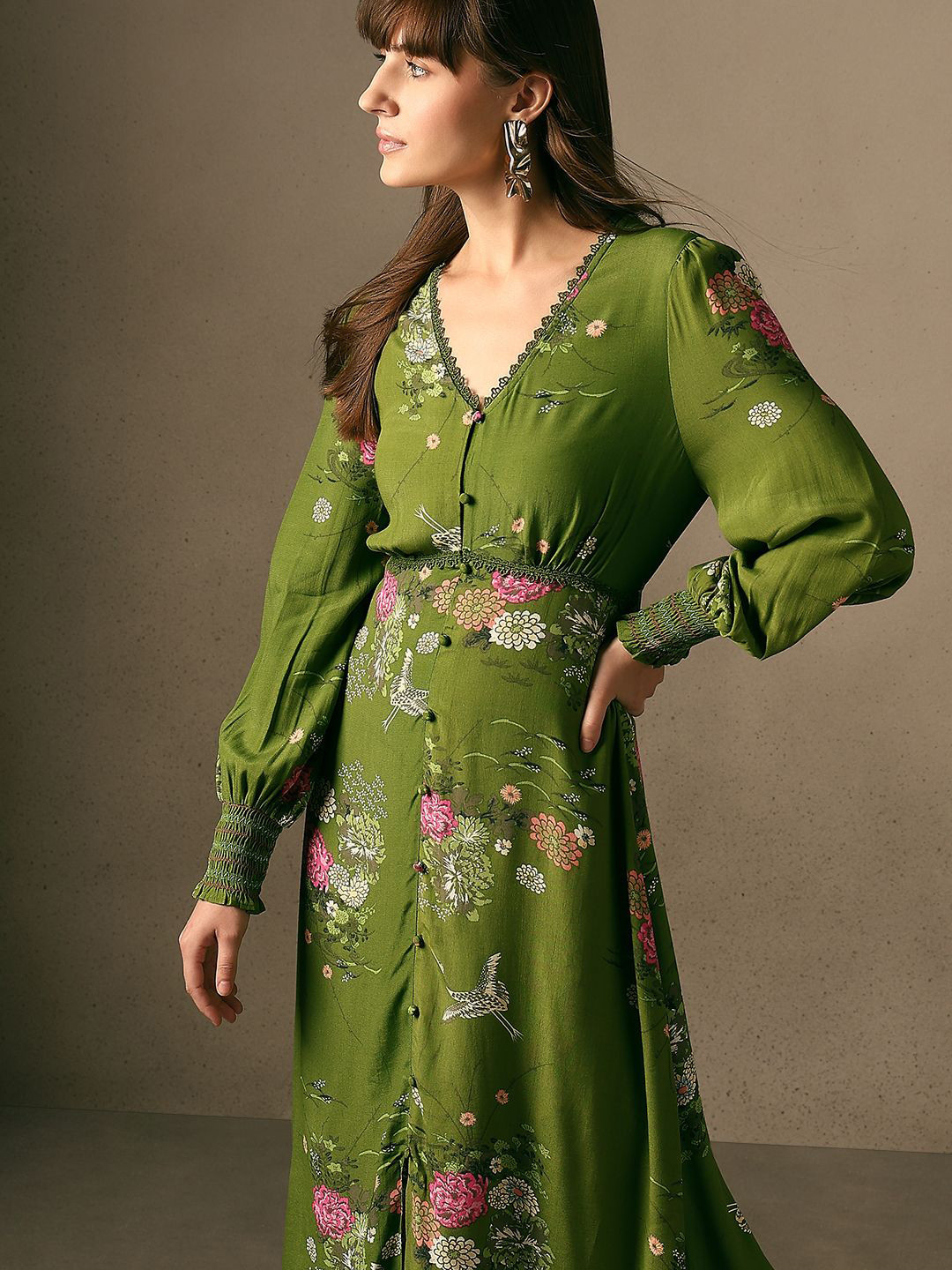 Vero Moda Dove LS Women Floral Printed Puff Sleeve Fit & Flare Midi Dress